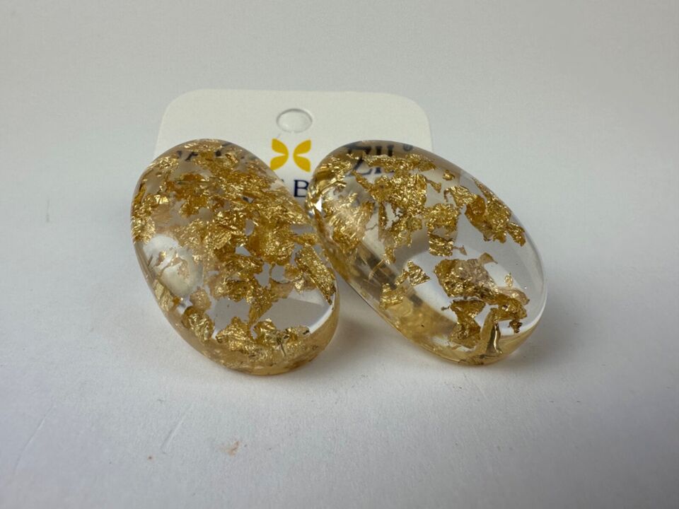 Jackie Brazil "Oval" Gold Flakes Single Stone Pendant Stud Resin Earrings ( E3608 )