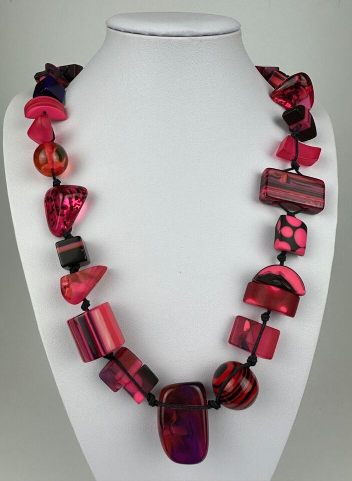 Jackie Brazil "Indiana" Red Mix Multi-Bead Medium Resin 70cm Necklace ( N0033 )