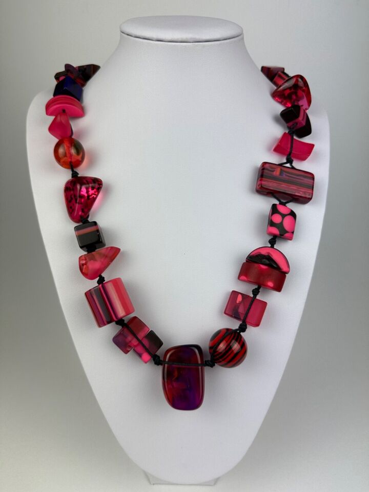 Jackie Brazil "Indiana" Red Mix Multi-Bead Medium Resin 70cm Necklace ( N0033 )