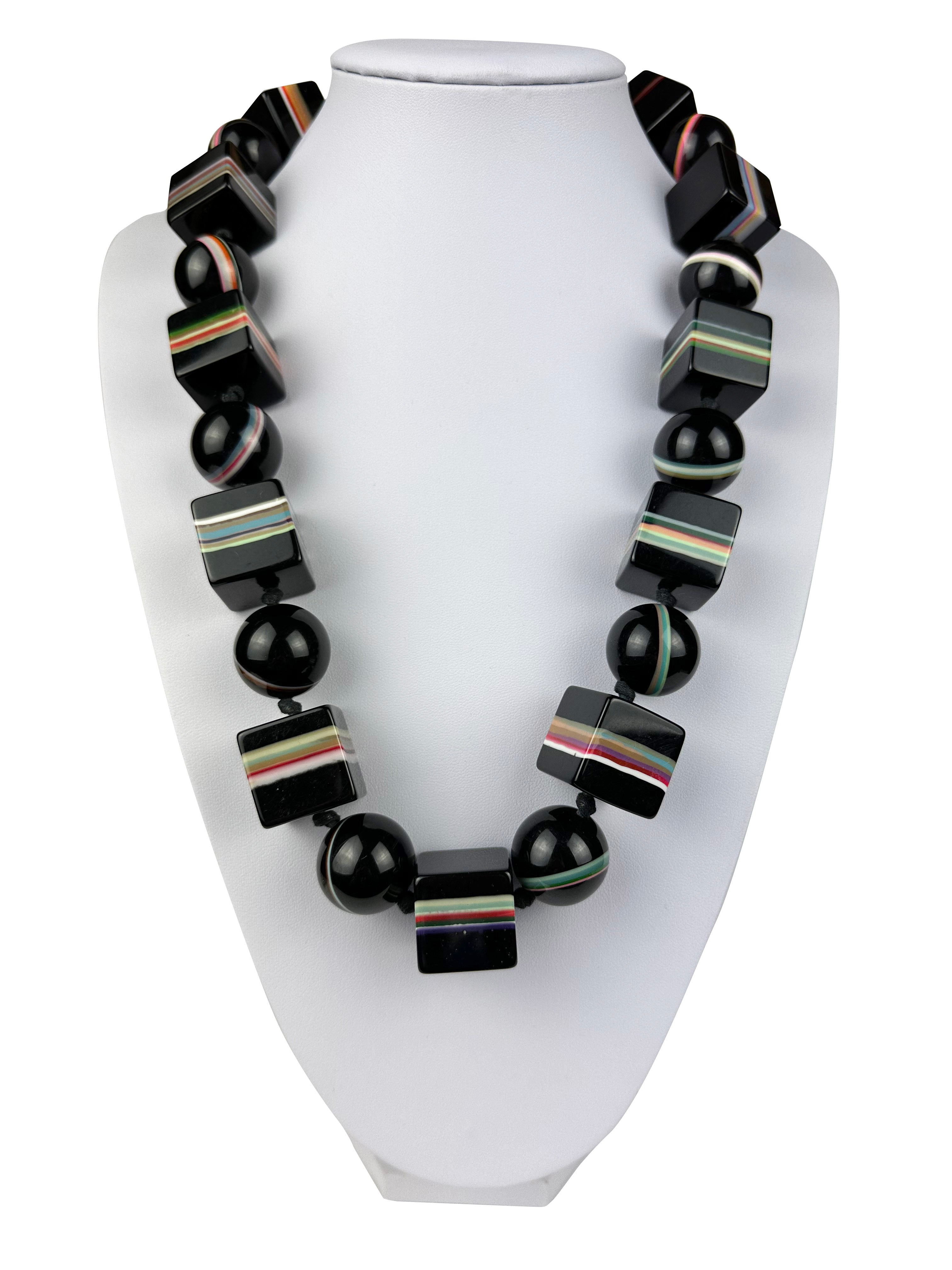 Jackie Brazil "Bar Code" Black & Mix Liquorice Squares & Balls 75cm Resin Necklace ( N2322 )