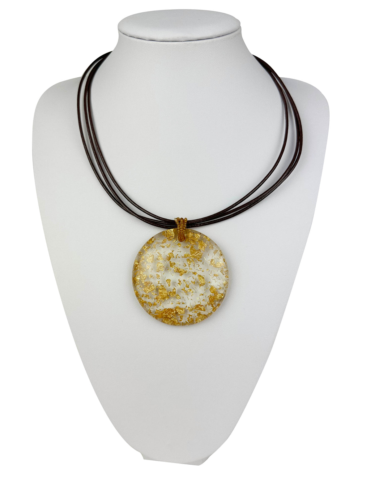 Jackie Brazil "Gold Flakes" Large Disk On Three Cords Resin Necklace ( N3800 )