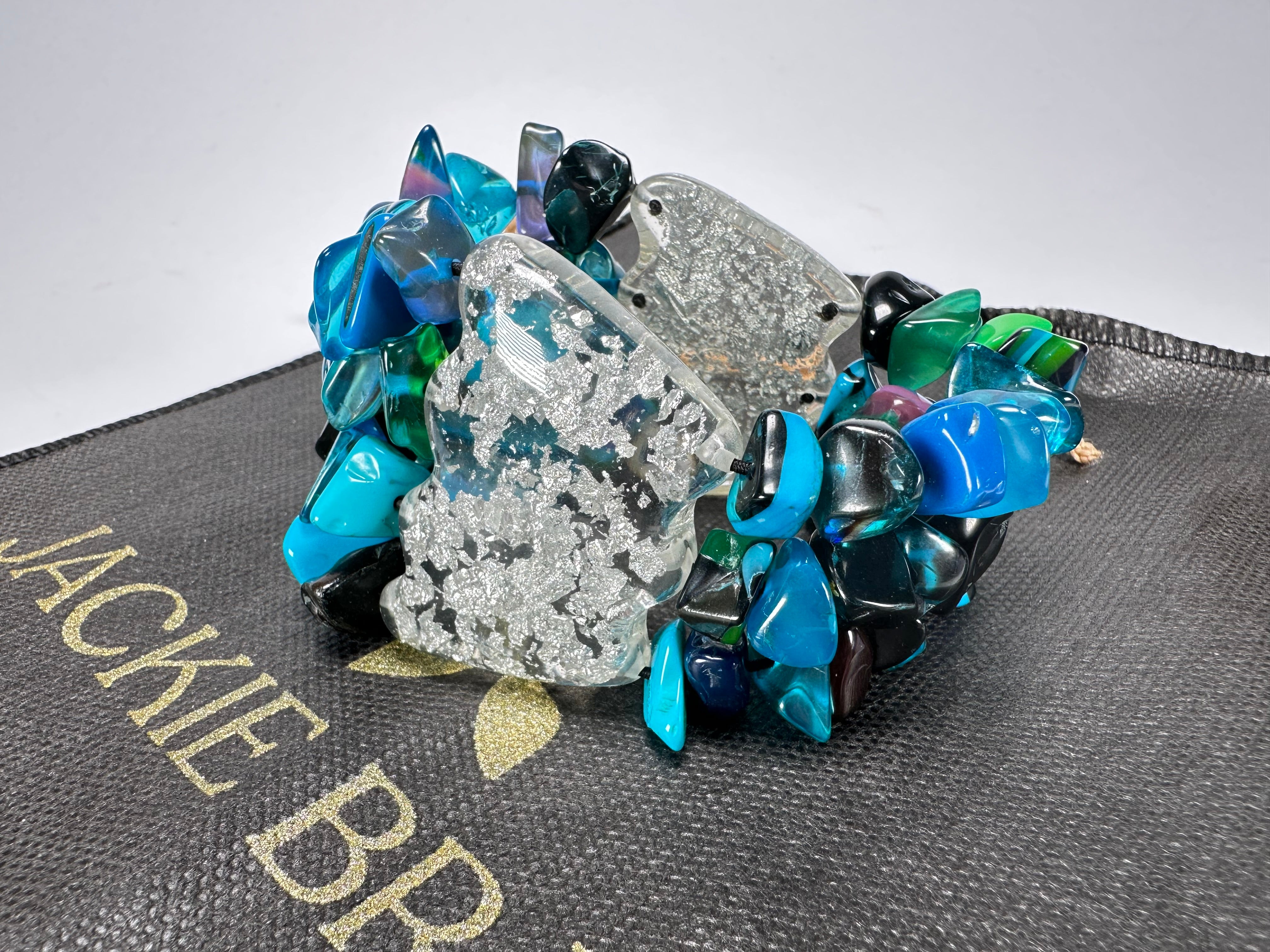 Jackie Brazil "Orient Express" 3 & 4 Beaded Strands with Leaf Pendant Blue Mix Resin Bracelet ( B3544 )