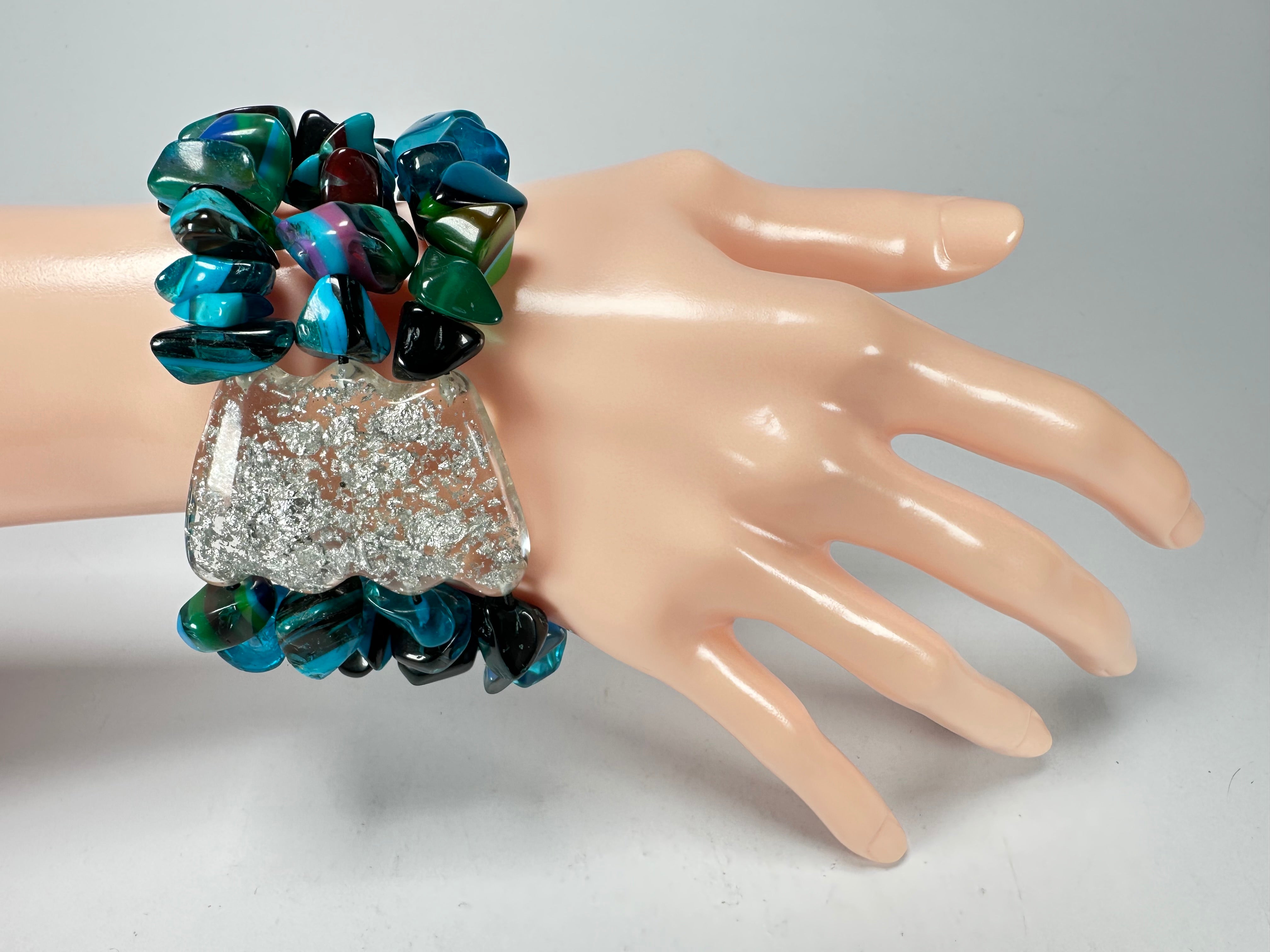 Jackie Brazil "Orient Express" 3 & 4 Beaded Strands with Leaf Pendant Blue Mix Resin Bracelet ( B3544 )