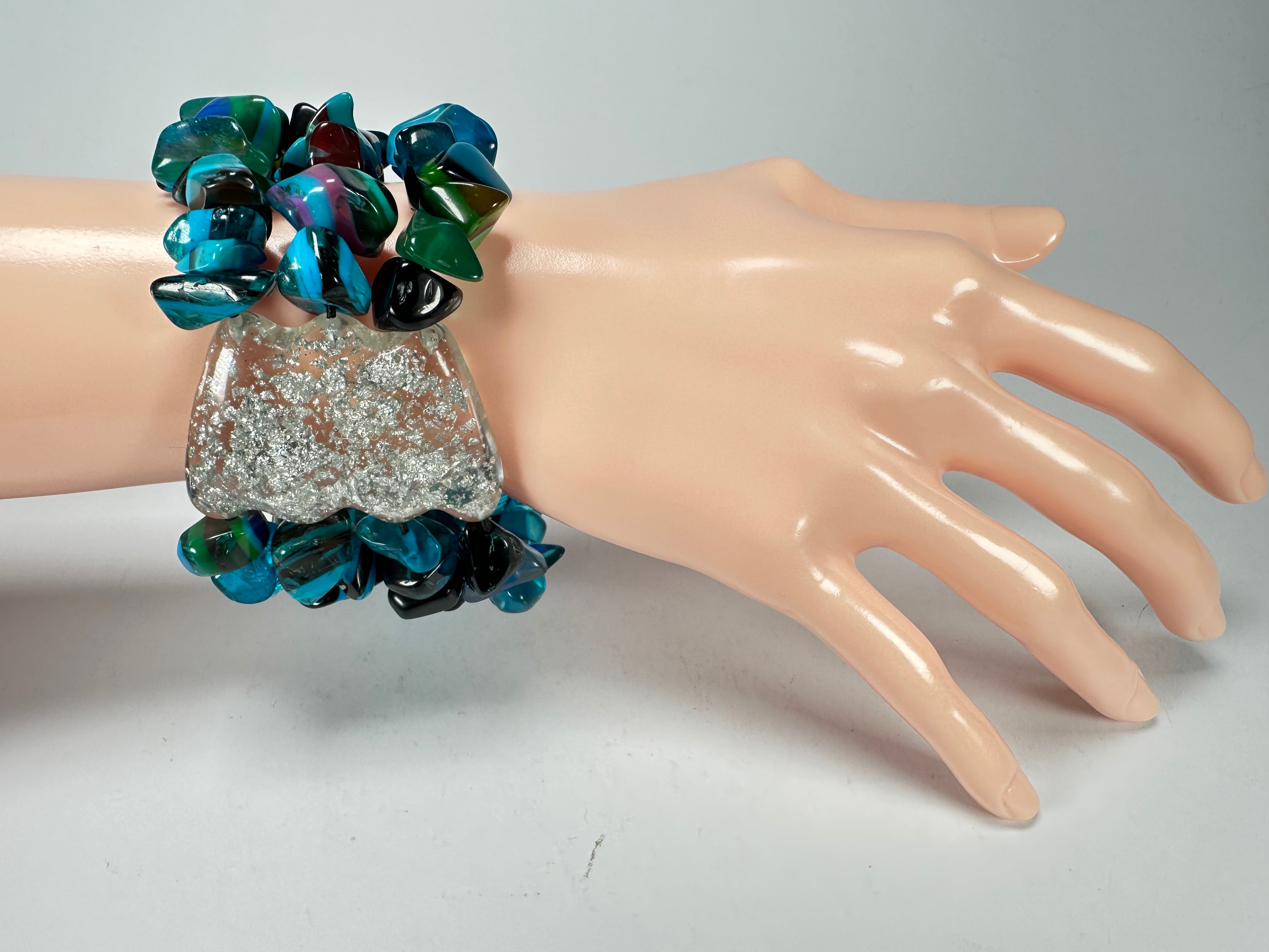 Jackie Brazil "Orient Express" 3 & 4 Beaded Strands with Leaf Pendant Blue Mix Resin Bracelet ( B3544 )