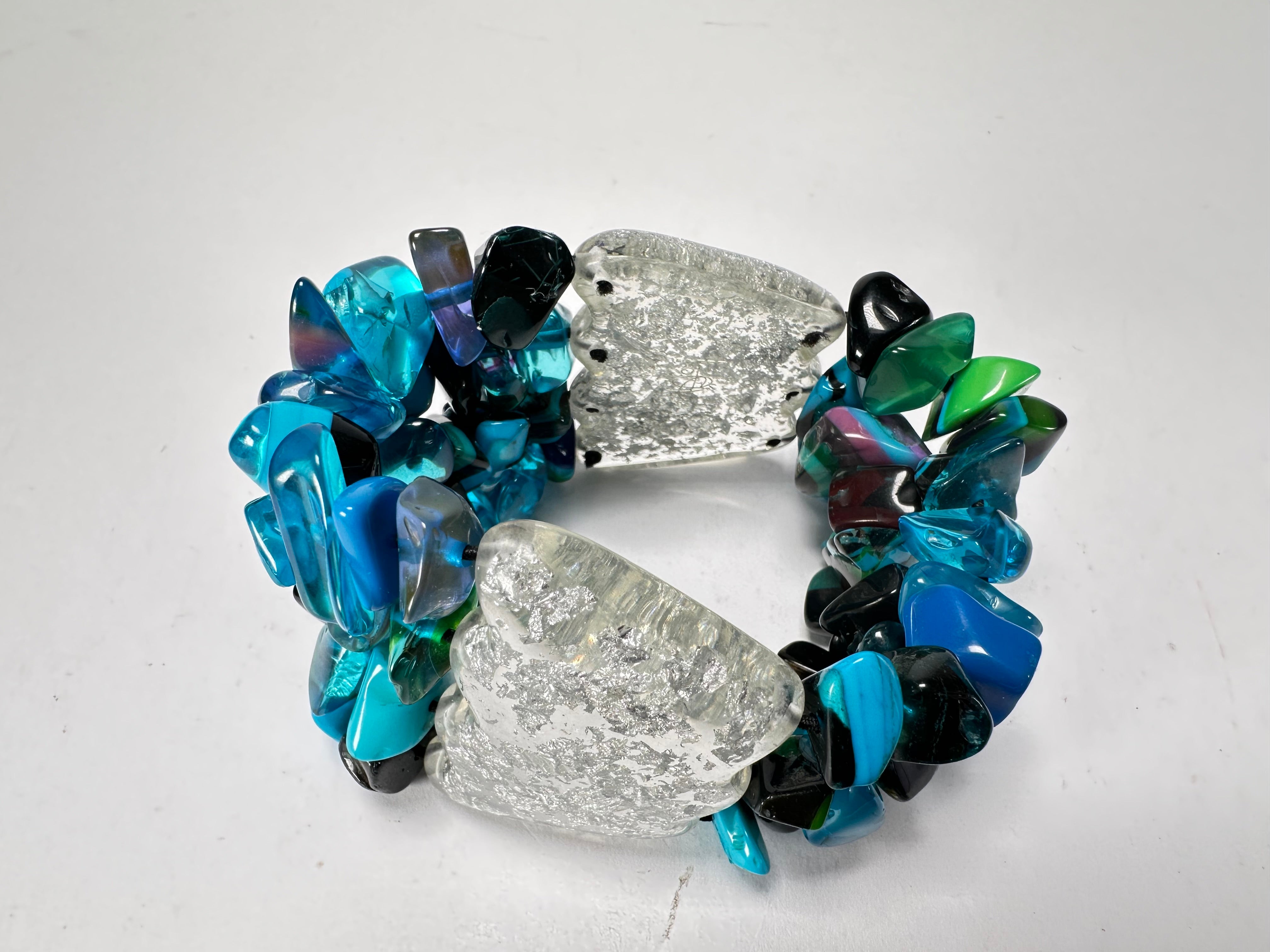 Jackie Brazil "Orient Express" 3 & 4 Beaded Strands with Leaf Pendant Blue Mix Resin Bracelet ( B3544 )