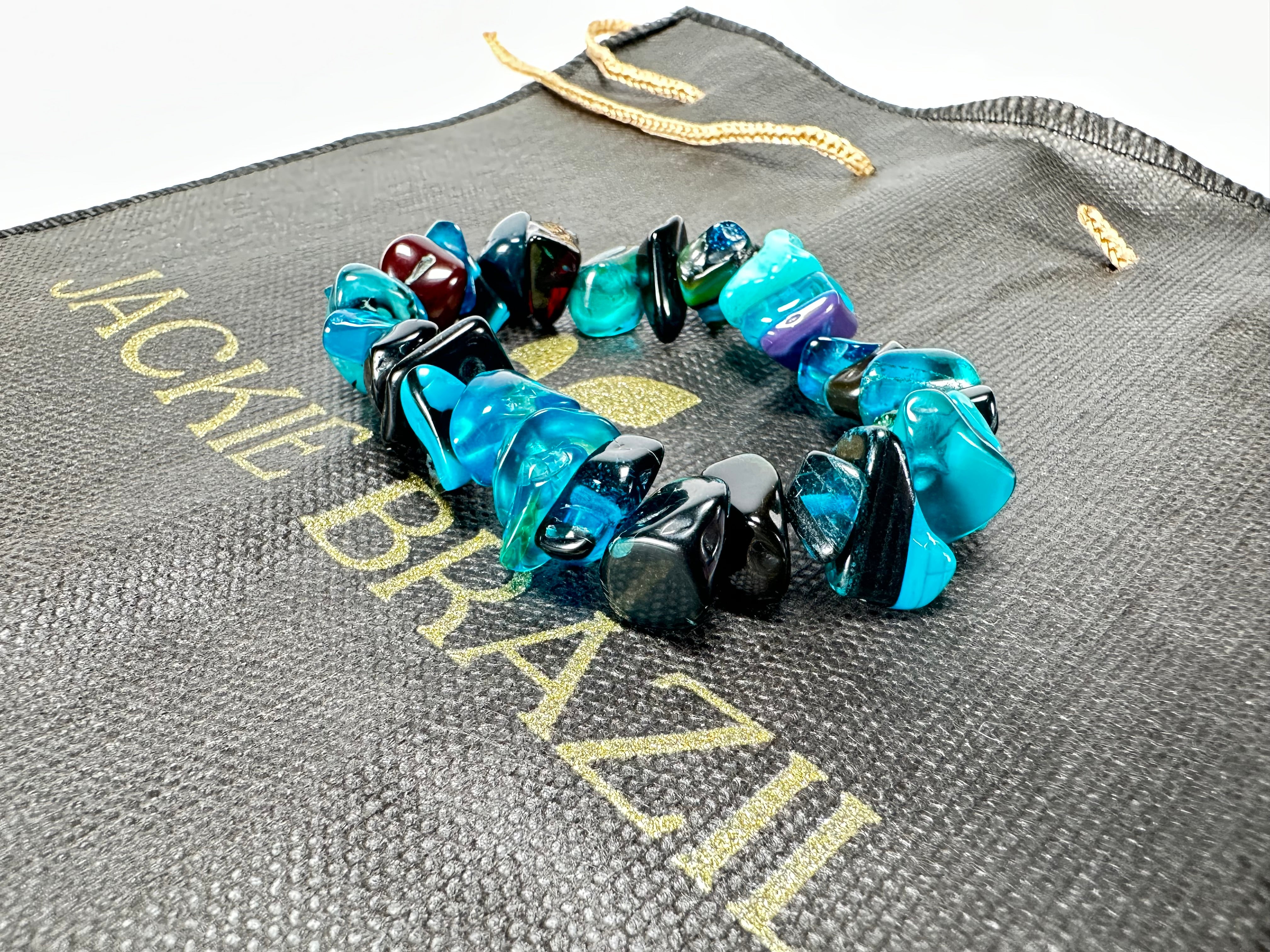 Jackie Brazil "Orient Express" 1 Strand Small Light Blue Mix Beads on Elastic Resin Bracelet ( B3547 )