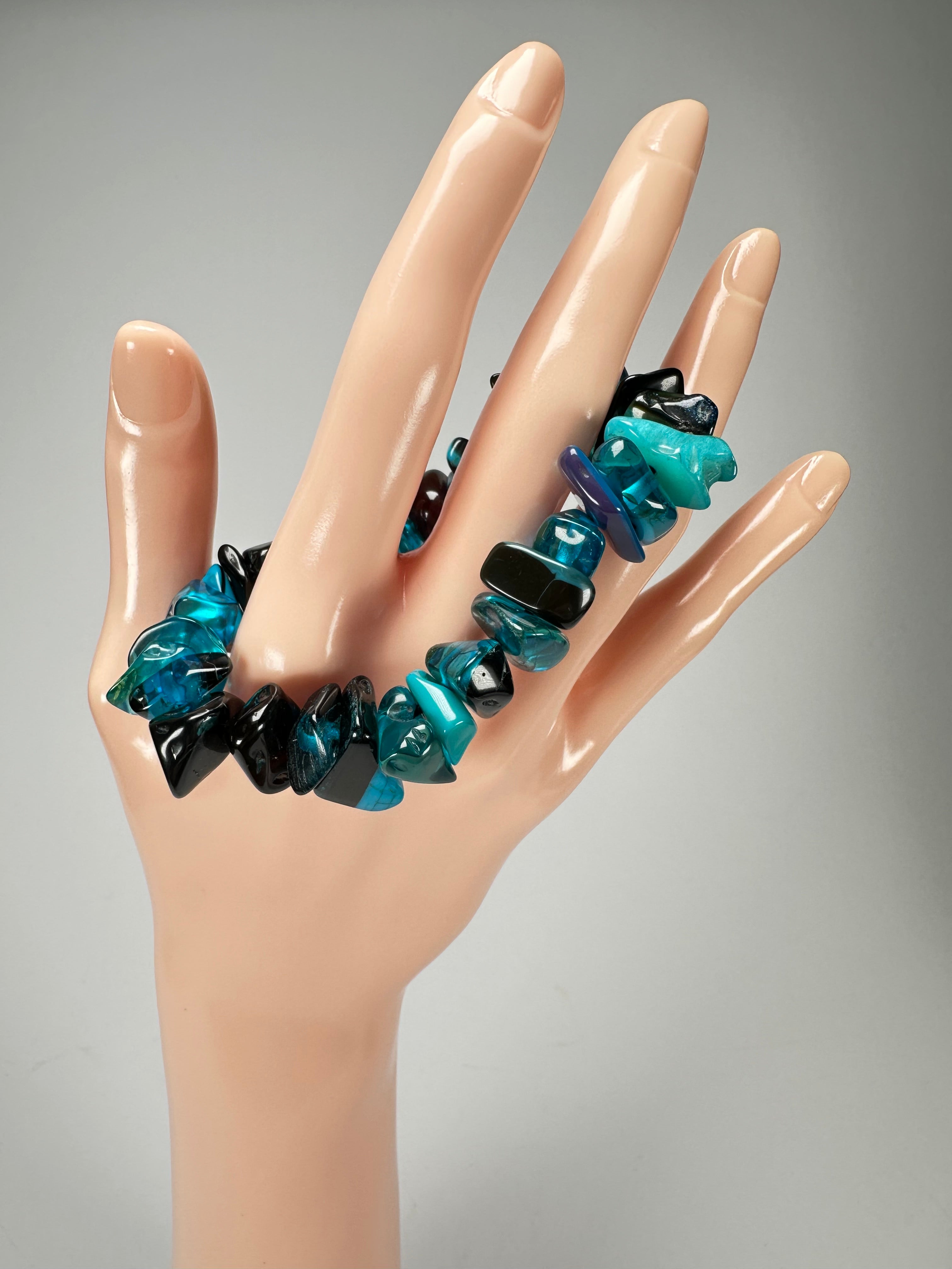 Jackie Brazil "Orient Express" 1 Strand Small Light Blue Mix Beads on Elastic Resin Bracelet ( B3547 )