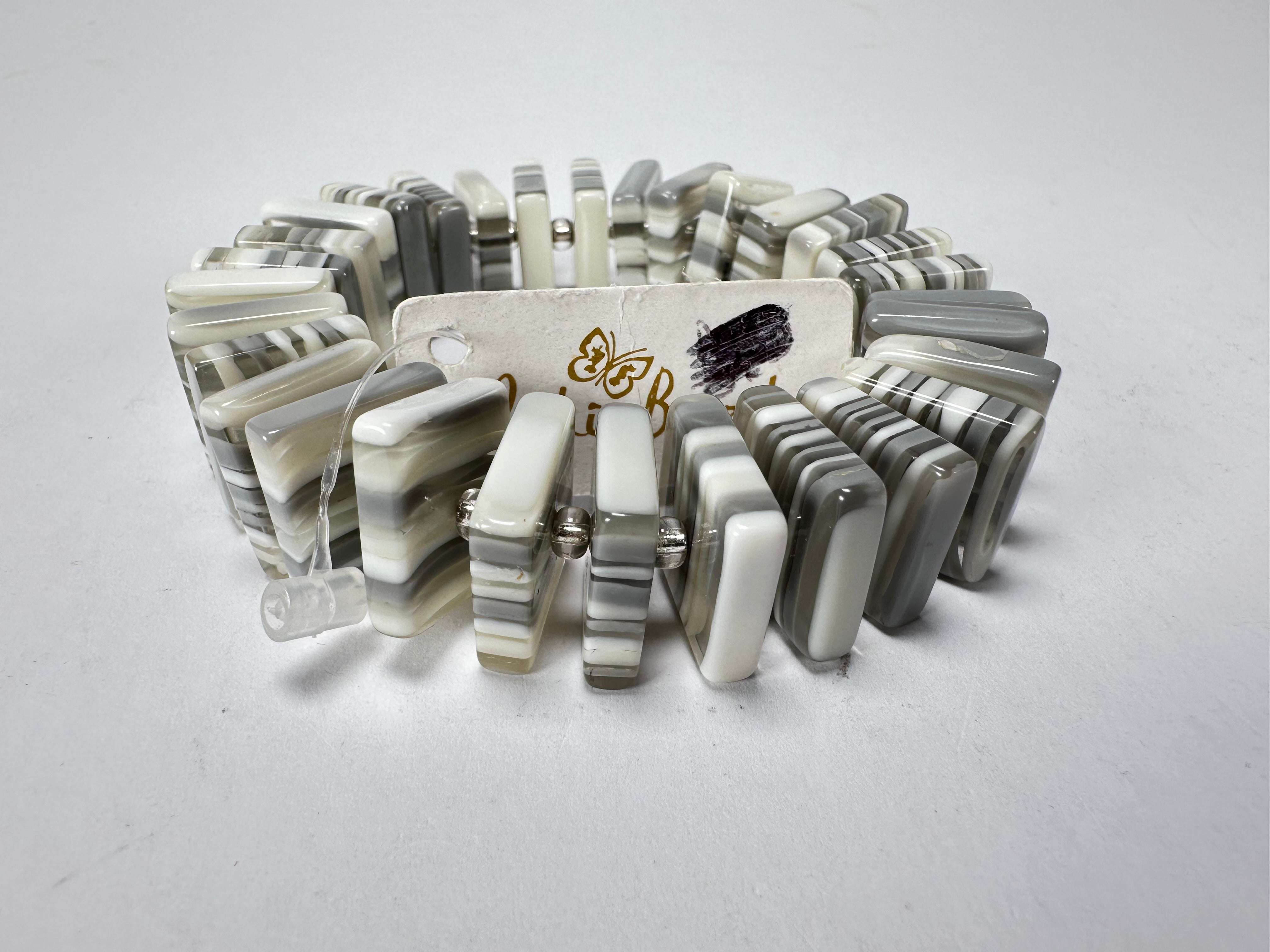 Jackie Brazil "Patricia" Liquorice Squares & Beads Spring Cream Mix Resin Bracelet ( B0192 )