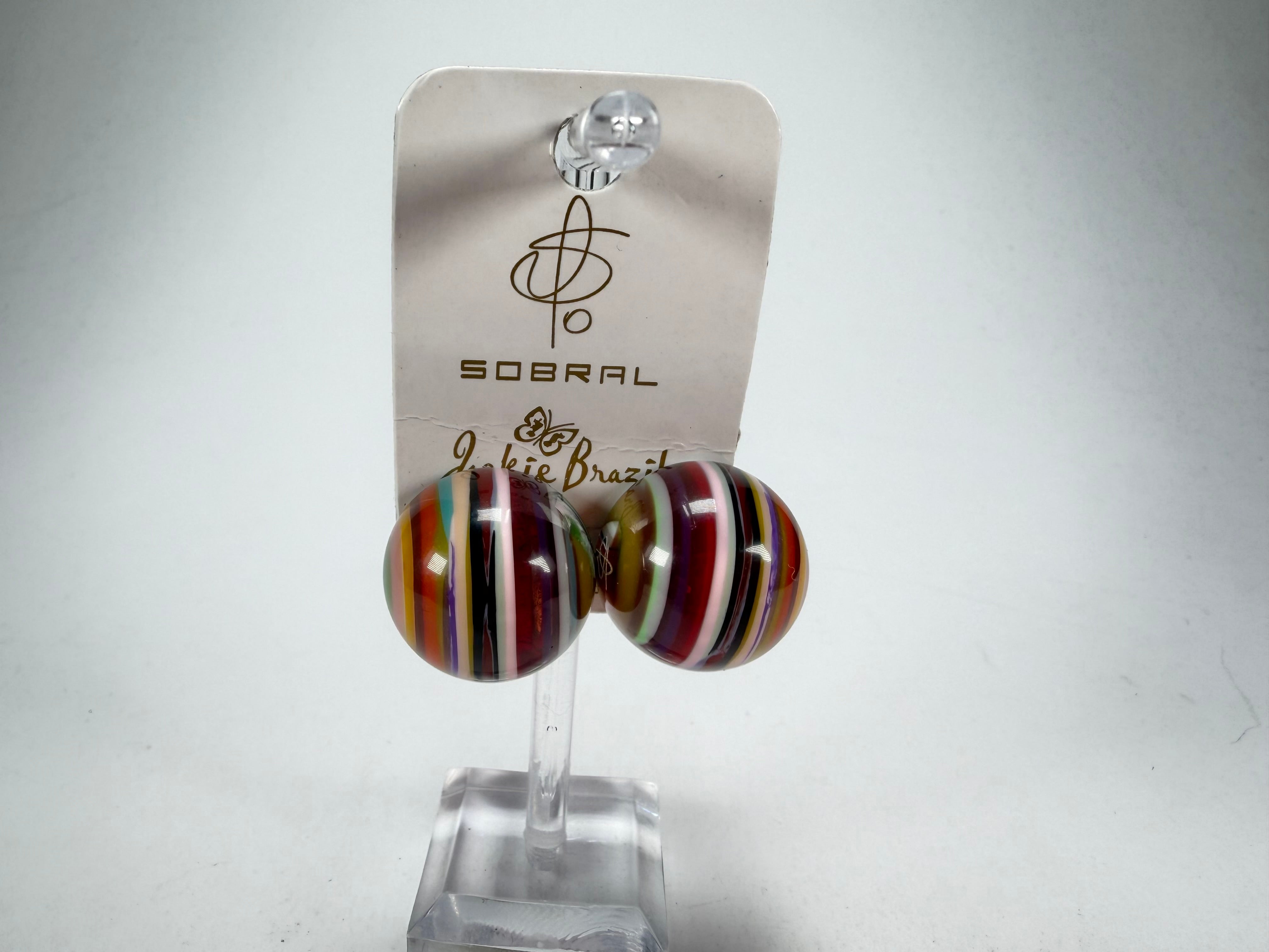 Jackie Brazil "Liquorice Stripes" Round Balls Clip On Resin Earrings ( E1337 )