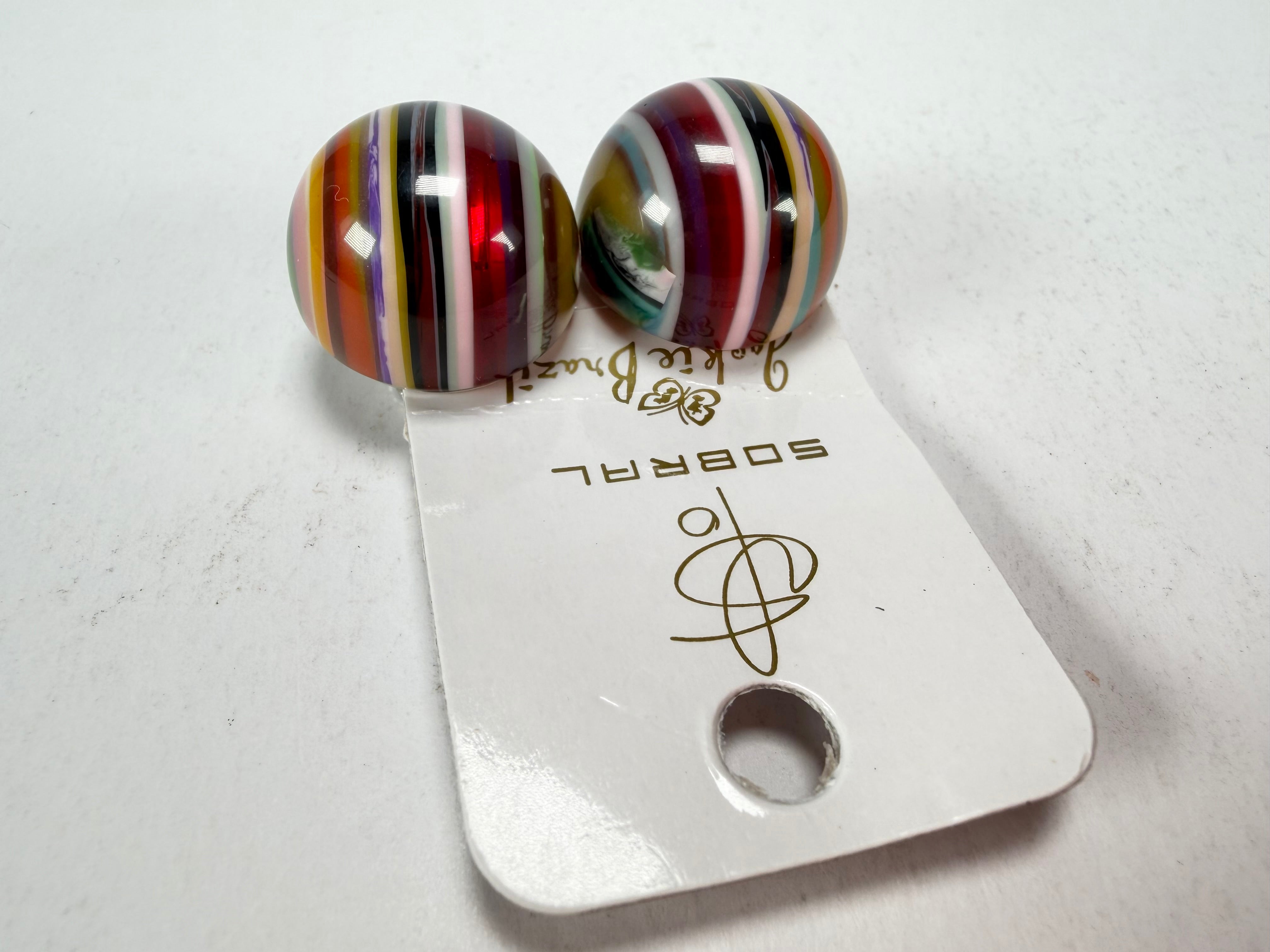 Jackie Brazil "Liquorice Stripes" Round Balls Clip On Resin Earrings ( E1337 )