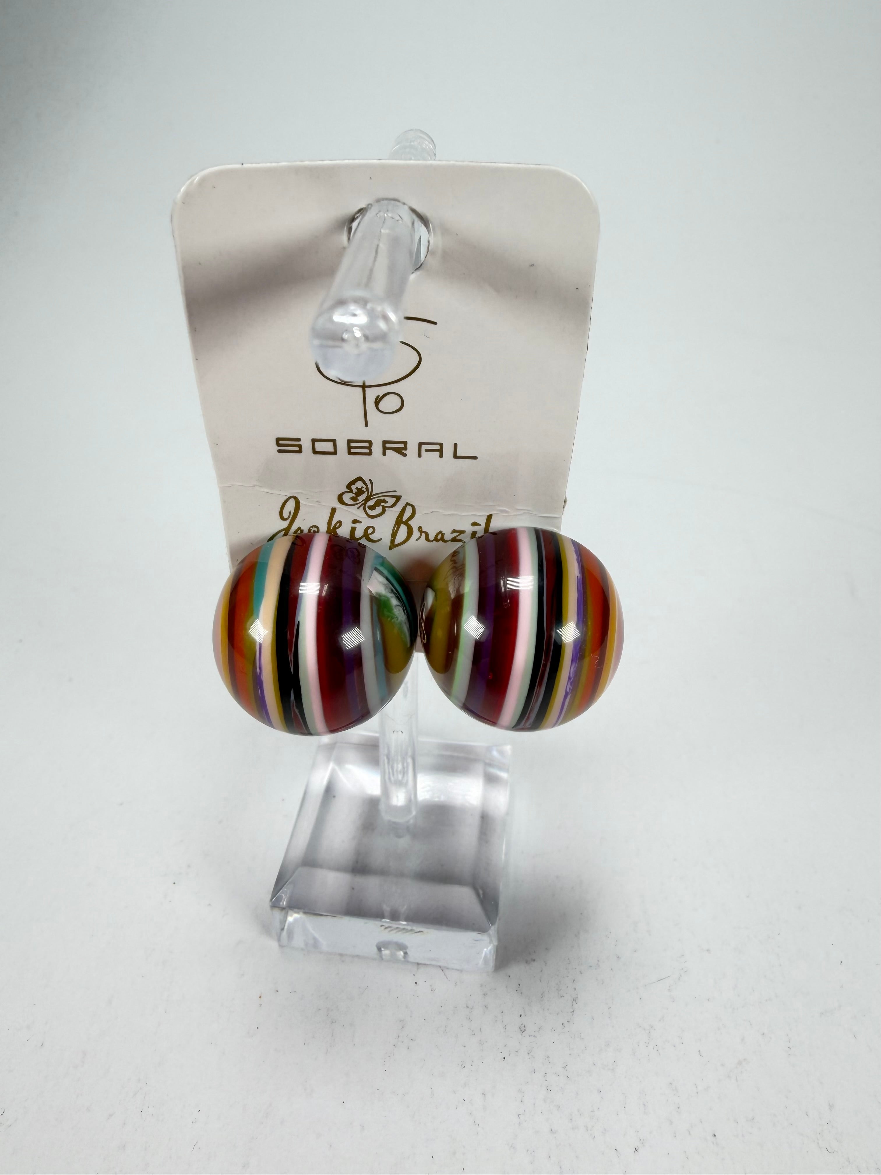 Jackie Brazil "Liquorice Stripes" Round Balls Clip On Resin Earrings ( E1337 )