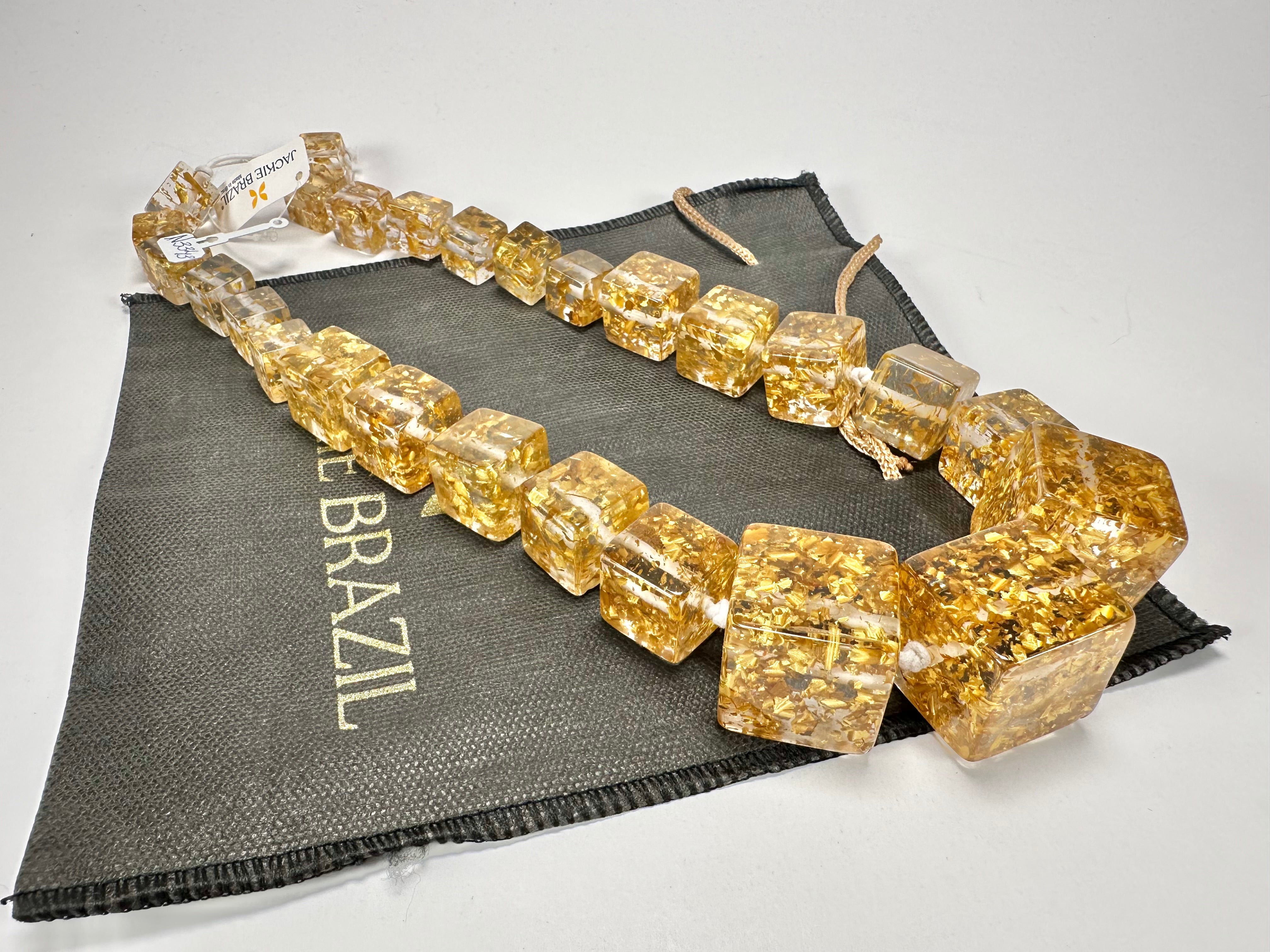 Jackie Brazil "Gold Flakes" Mix Size Liquorice Cubes Resin Necklace ( N3343 )
