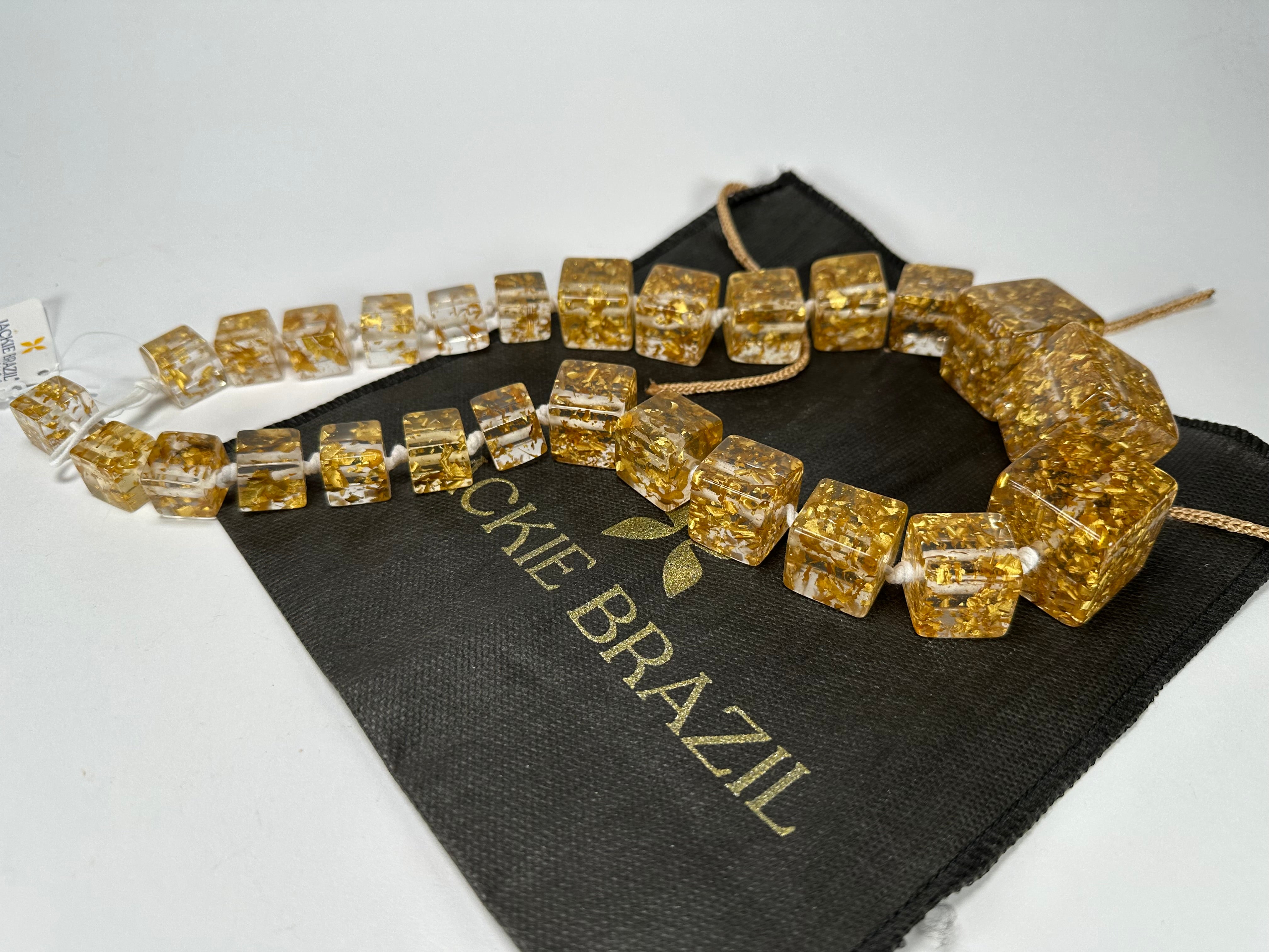 Jackie Brazil "Gold Flakes" Mix Size Liquorice Cubes Resin Necklace ( N3343 )