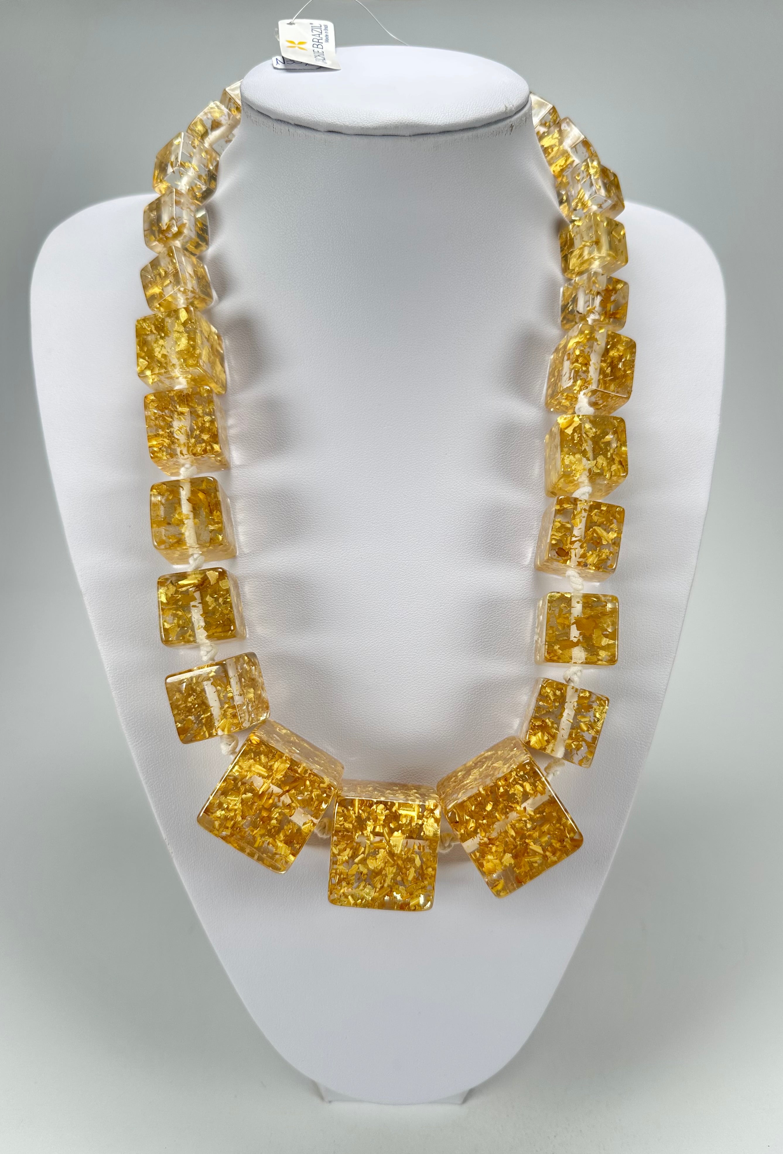 Jackie Brazil "Gold Flakes" Mix Size Liquorice Cubes Resin Necklace ( N3343 )