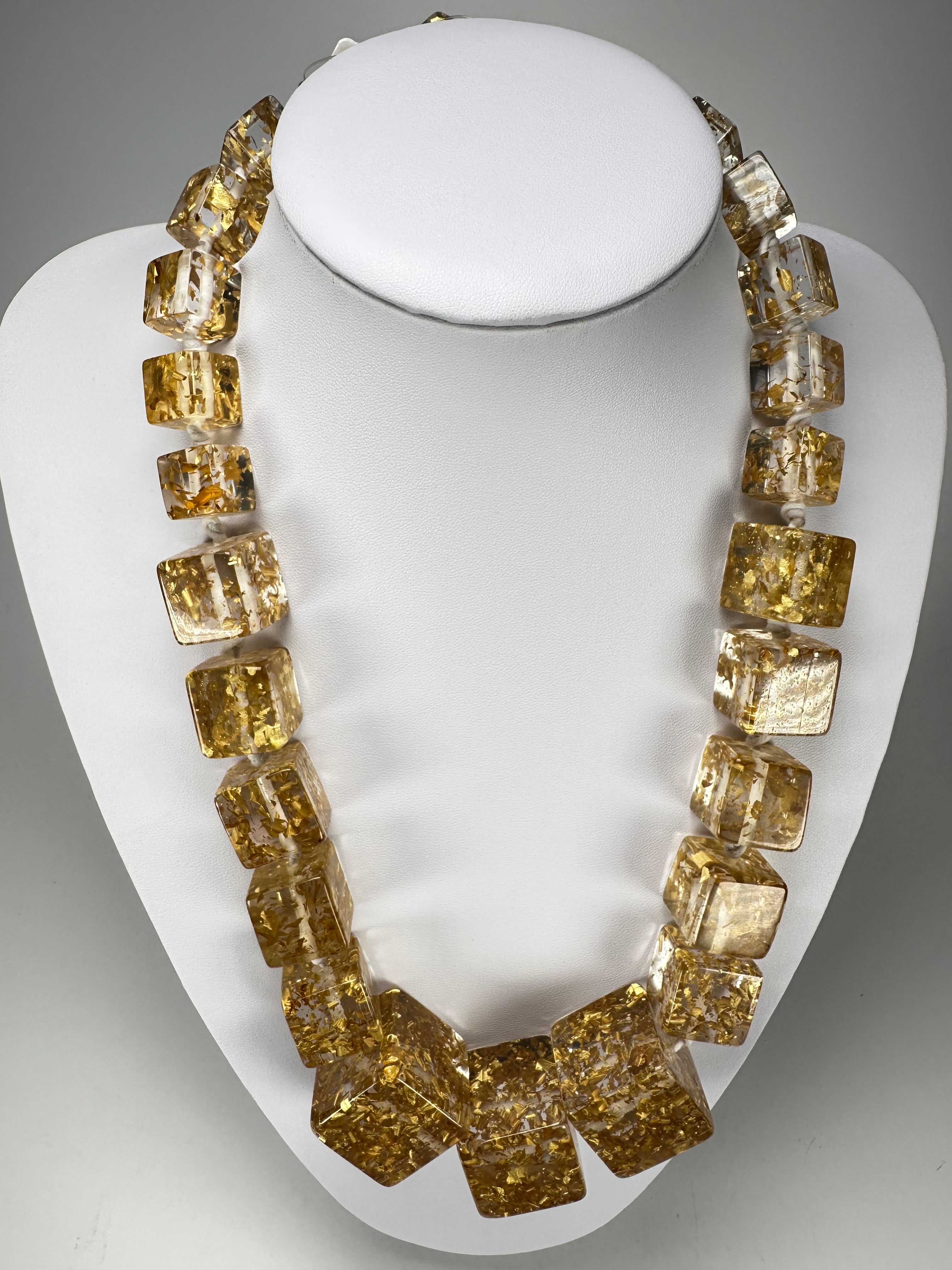 Jackie Brazil "Gold Flakes" Mix Size Liquorice Cubes Resin Necklace ( N3343 )