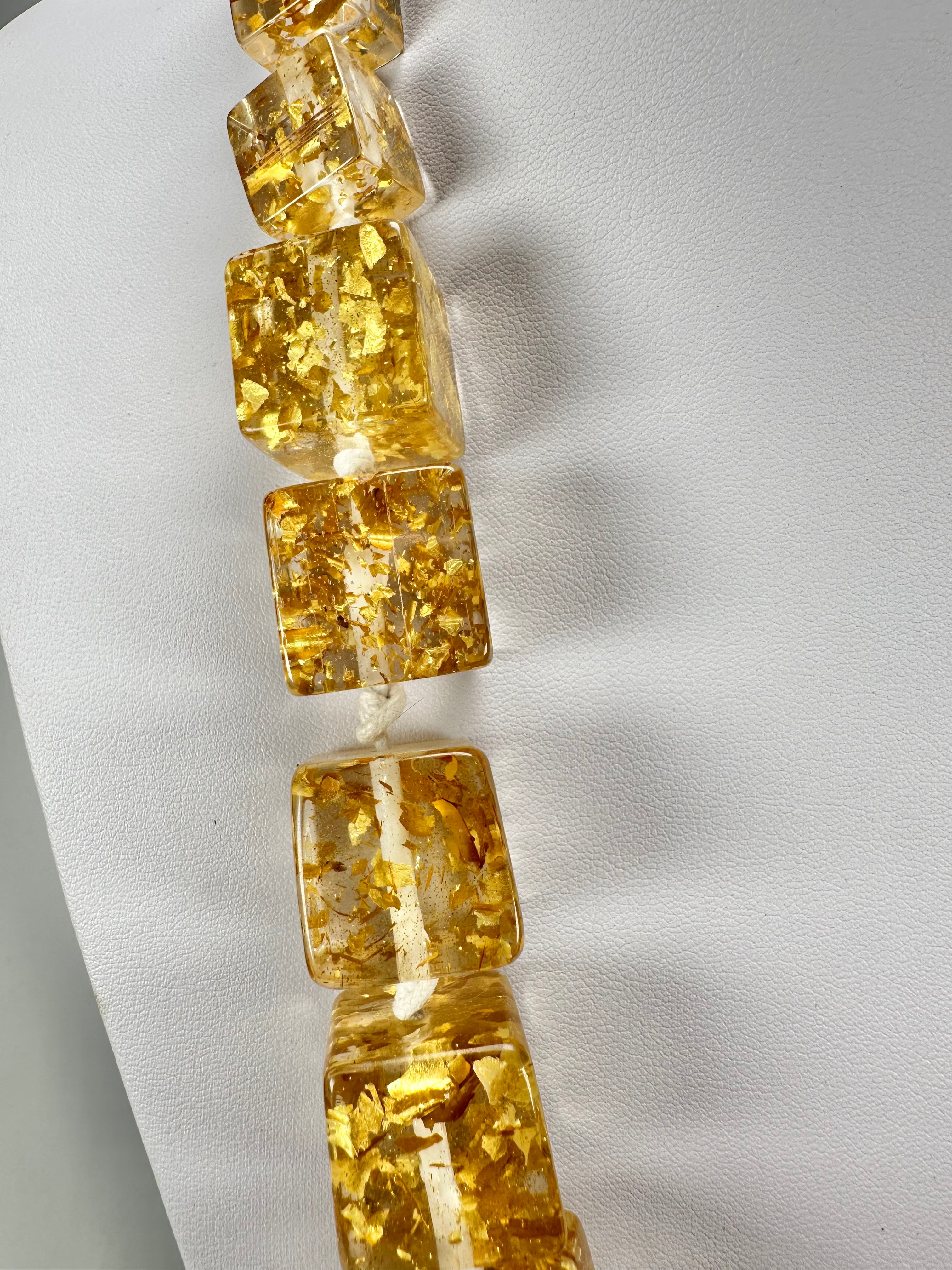 Jackie Brazil "Gold Flakes" Mix Size Liquorice Cubes Resin Necklace ( N3343 )