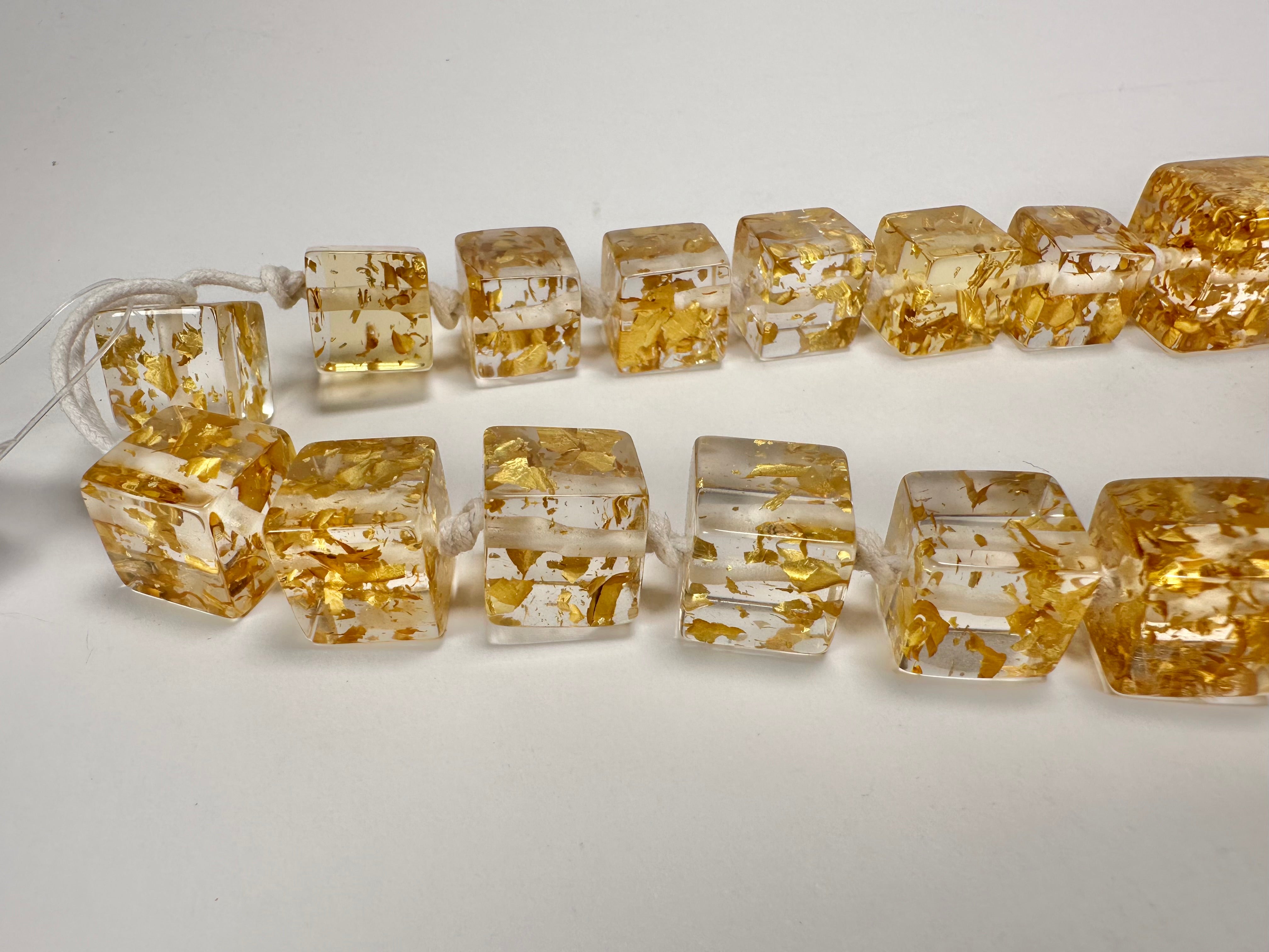 Jackie Brazil "Gold Flakes" Mix Size Liquorice Cubes Resin Necklace ( N3343 )