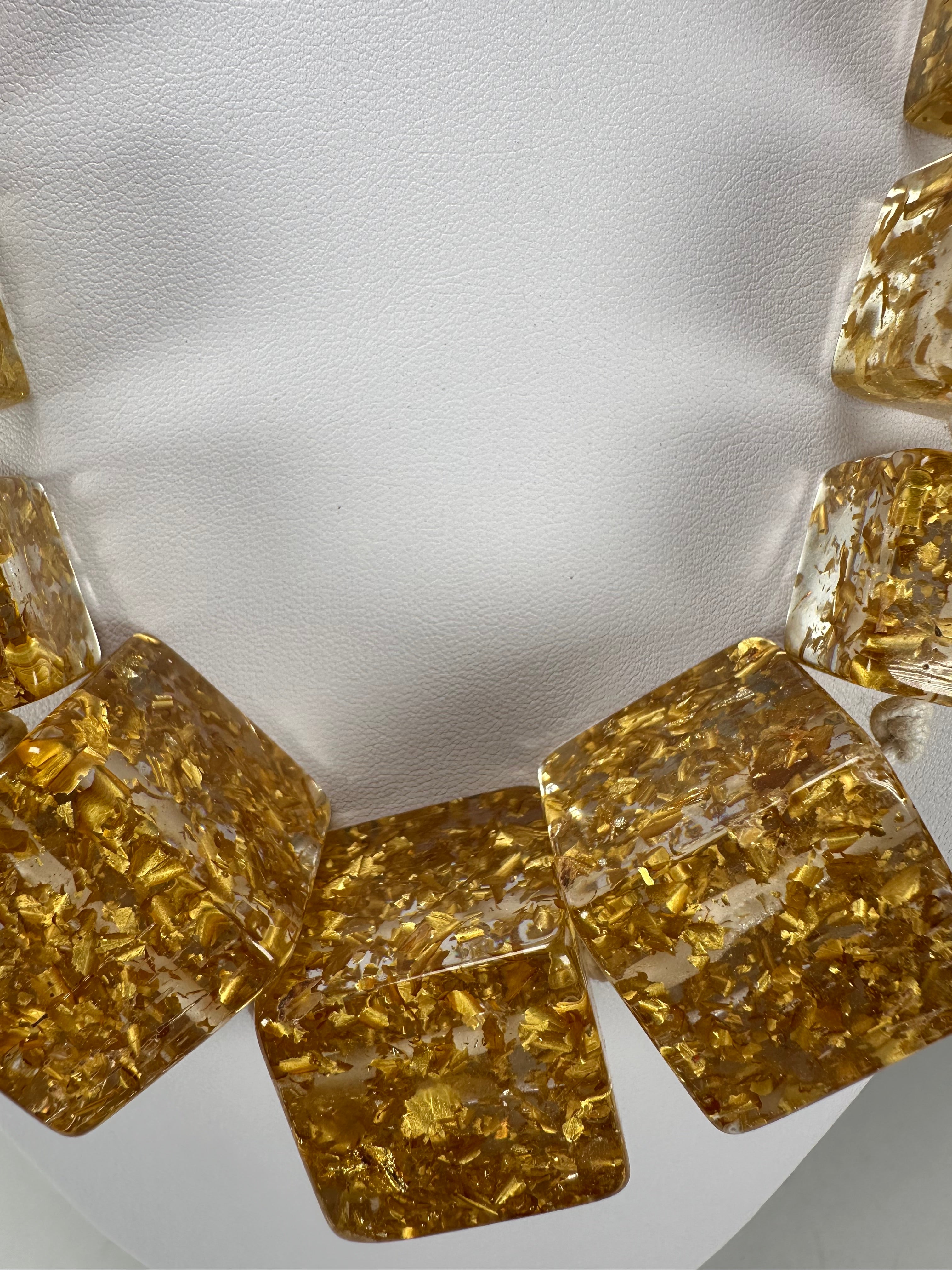 Jackie Brazil "Gold Flakes" Mix Size Liquorice Cubes Resin Necklace ( N3343 )