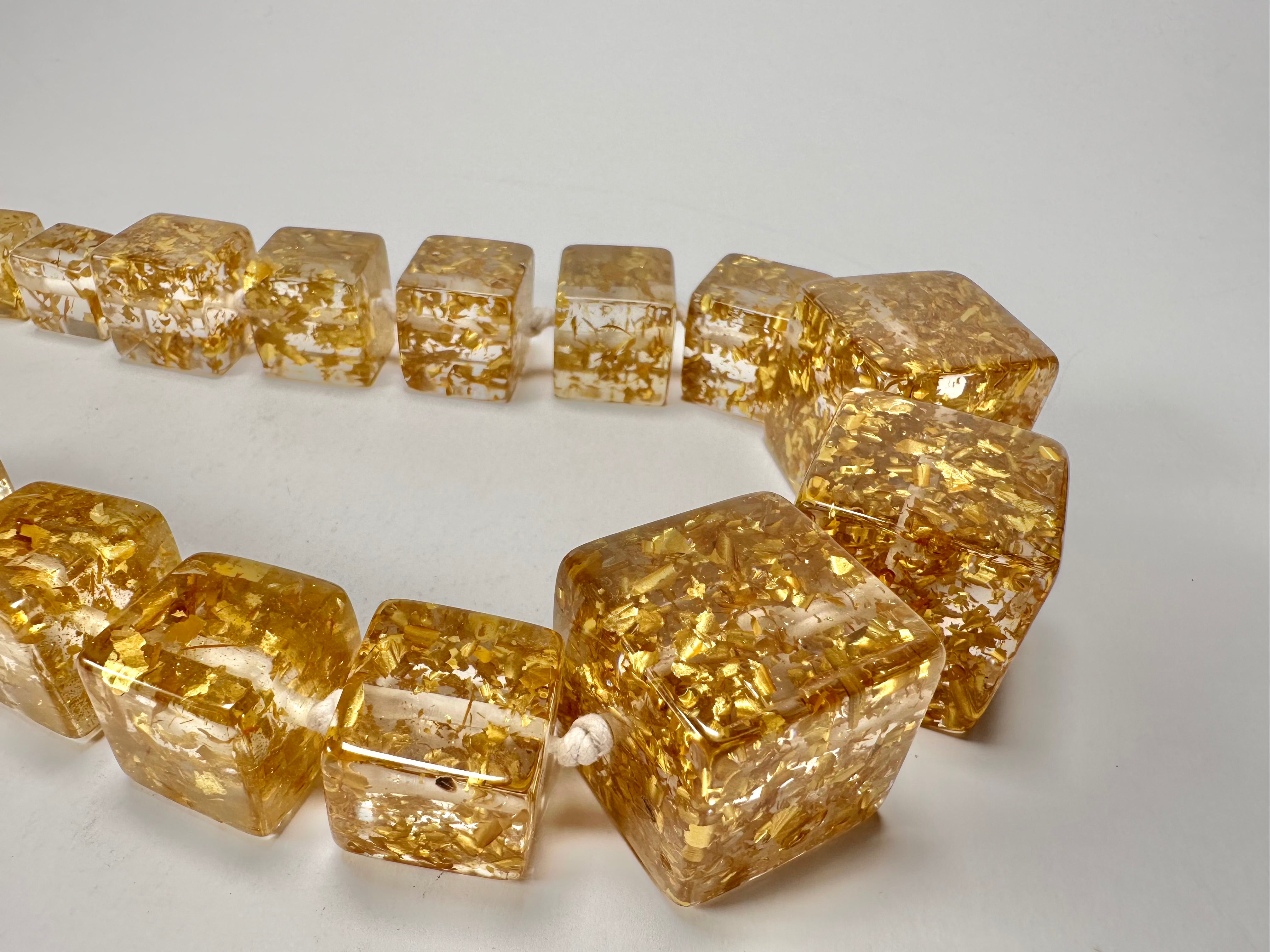 Jackie Brazil "Gold Flakes" Mix Size Liquorice Cubes Resin Necklace ( N3343 )