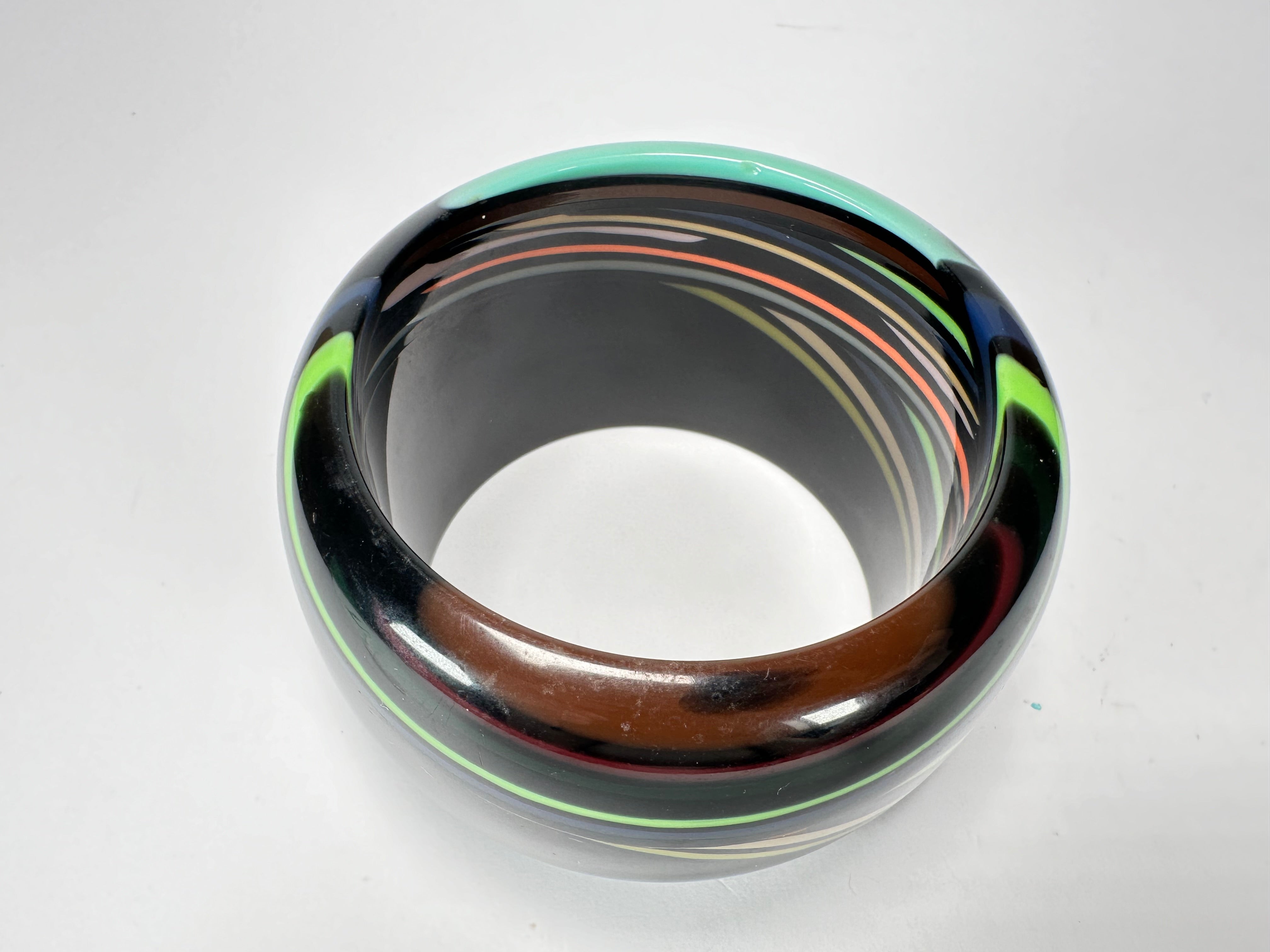 Jackie Brazil "Opera" Black & Colour Swirls Solid Round 5cm Bangle ( B3171 )