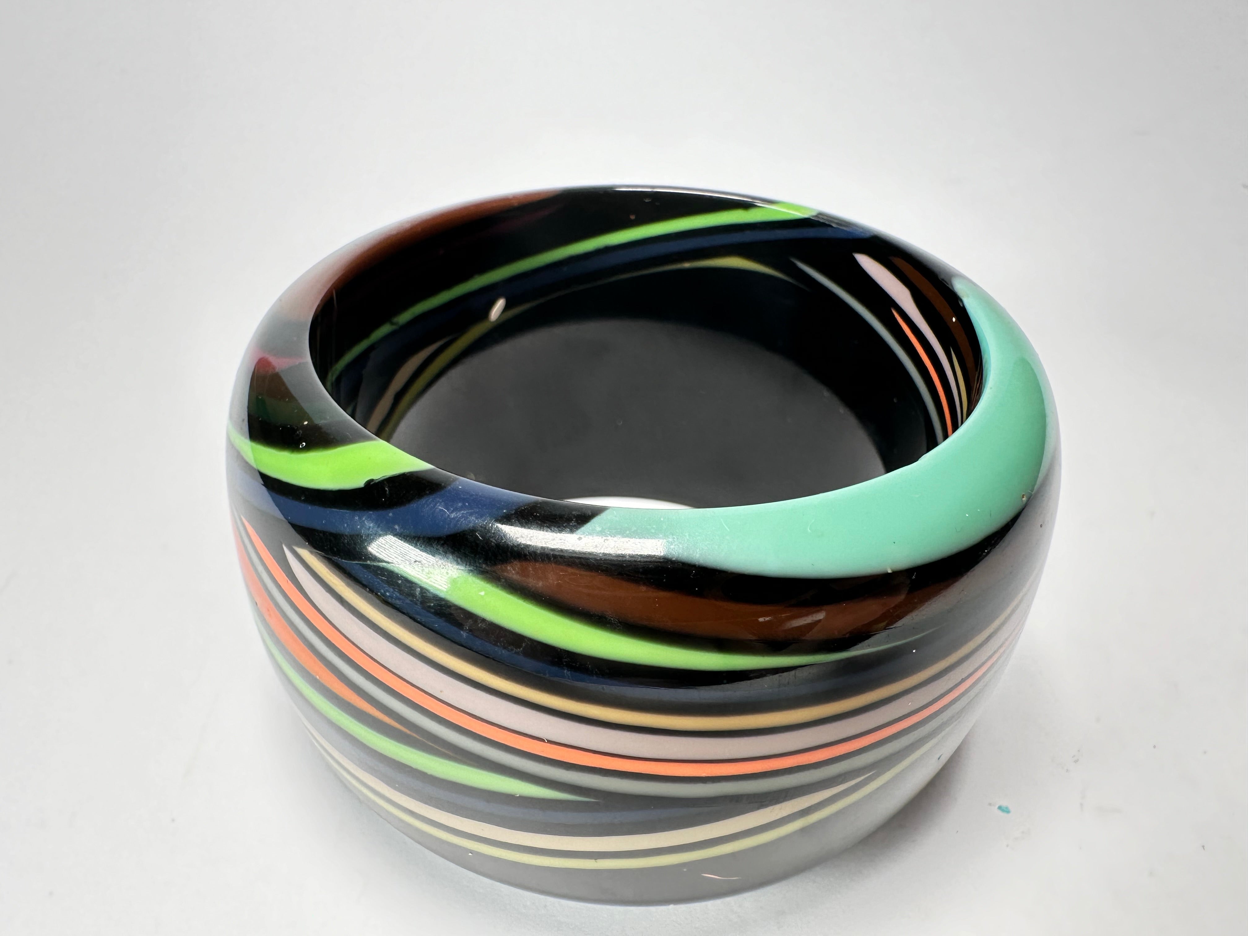 Jackie Brazil "Opera" Black & Colour Swirls Solid Round 5cm Bangle ( B3171 )