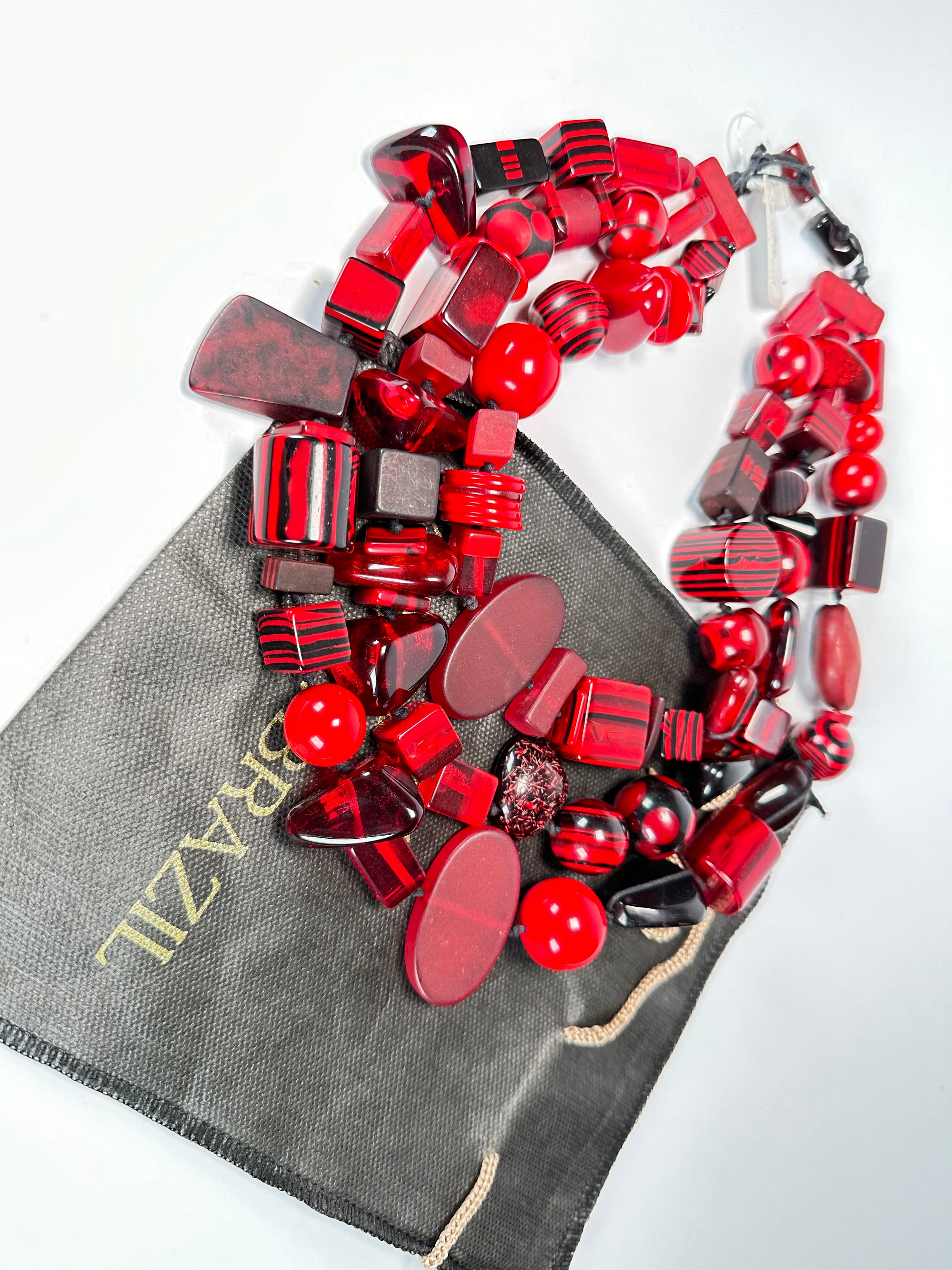 Jackie Brazil "Indiana" 3 Strand Multi-Bead Red Resin Necklace ( N0043 )