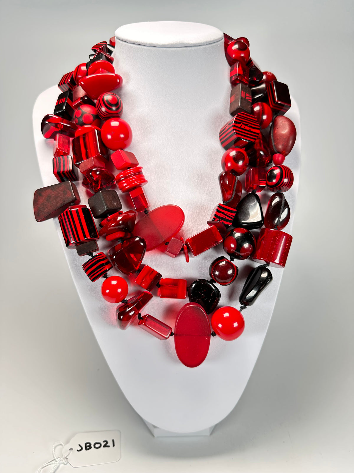 Jackie Brazil "Indiana" 3 Strand Multi-Bead Red Resin Necklace ( N0043 )