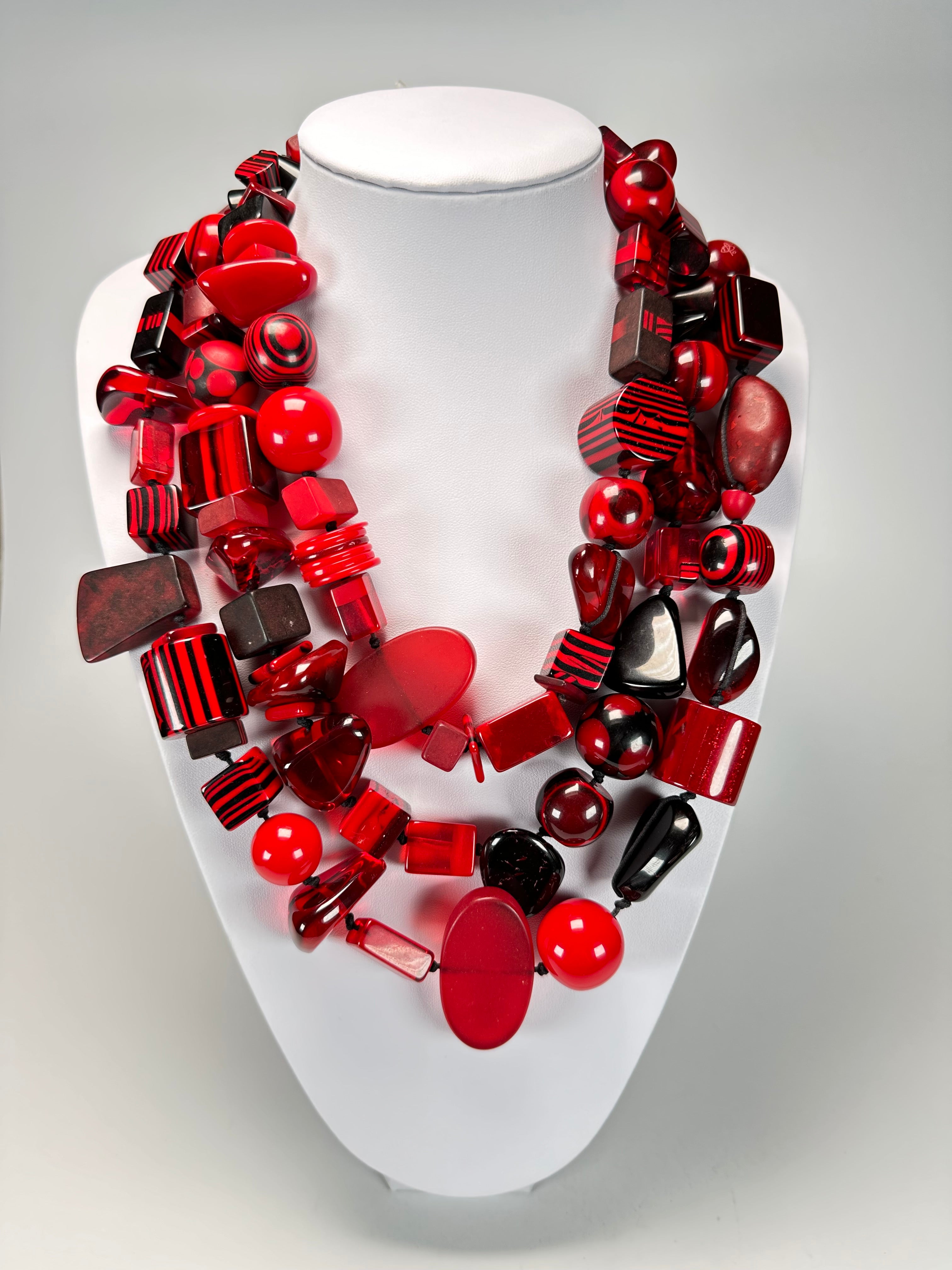 Jackie Brazil "Indiana" 3 Strand Multi-Bead Red Resin Necklace ( N0043 )