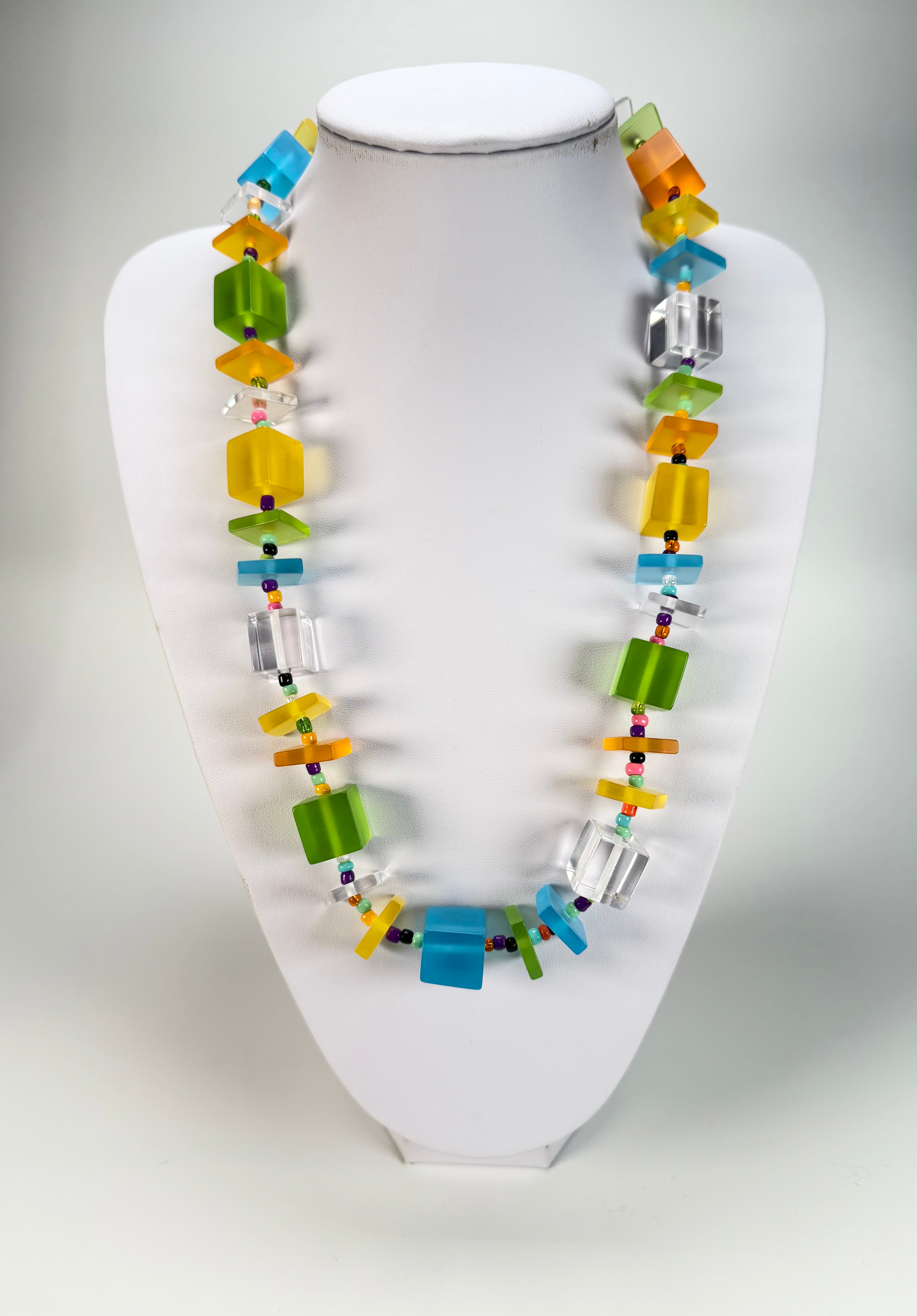 Jackie Brazil "Rome" Transparent Summer Frost Cubes & Squares Mix Colours 75cm Resin Necklace ( N0030 )