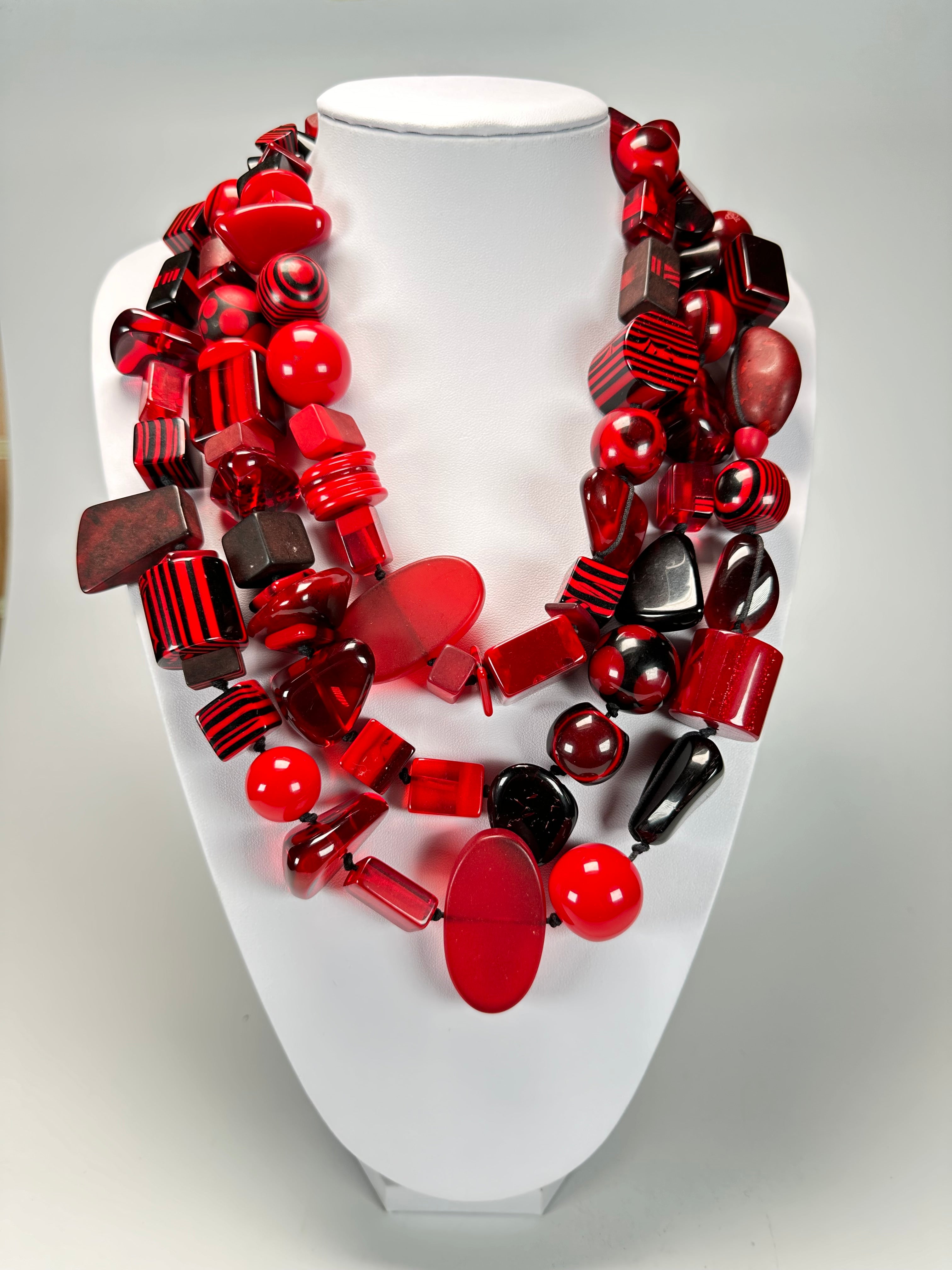 Jackie Brazil "Indiana" 3 Strand Multi-Bead Red Resin Necklace ( N0043 )