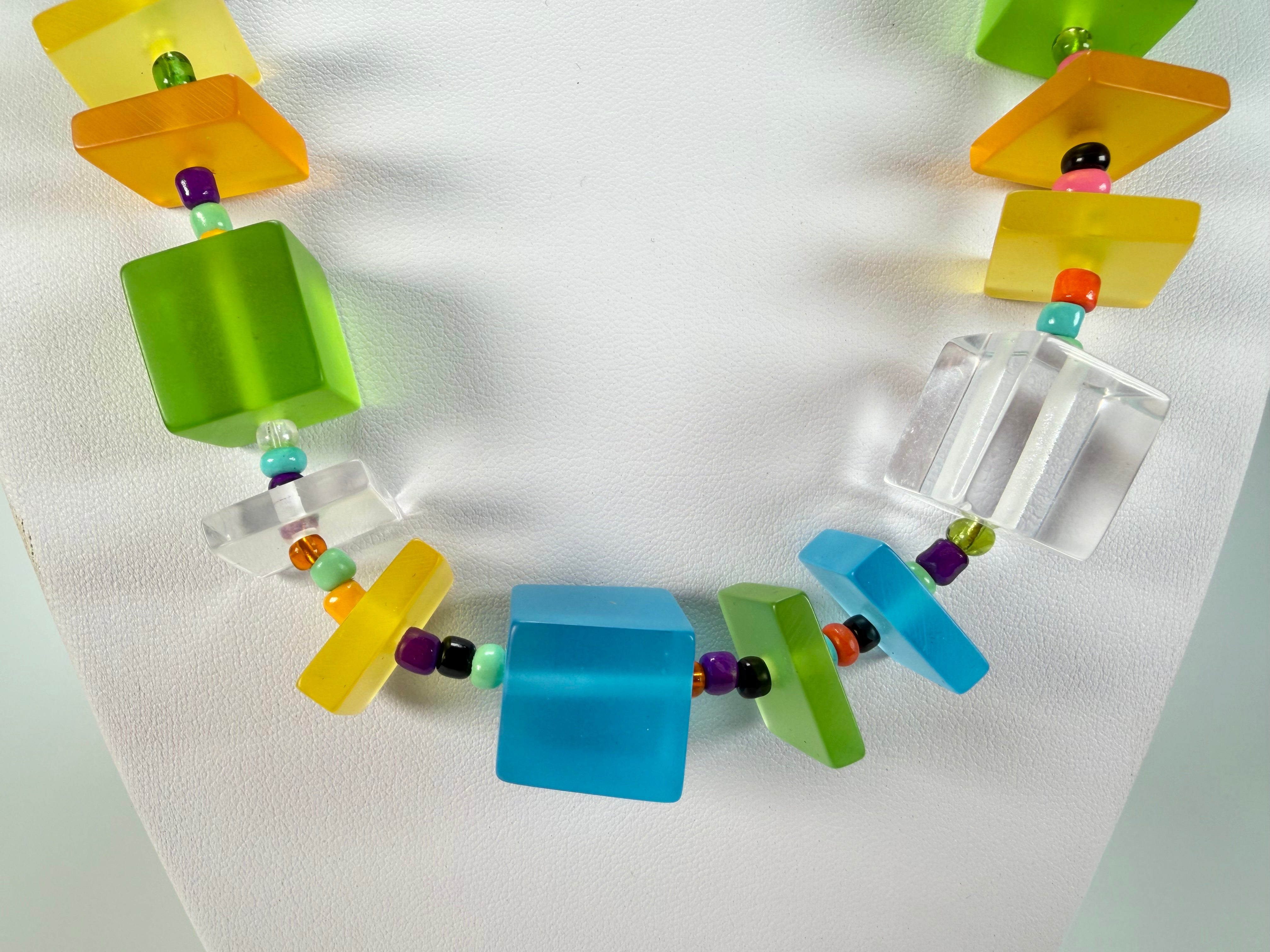 Jackie Brazil "Rome" Transparent Summer Frost Cubes & Squares Mix Colours 75cm Resin Necklace ( N0030 )