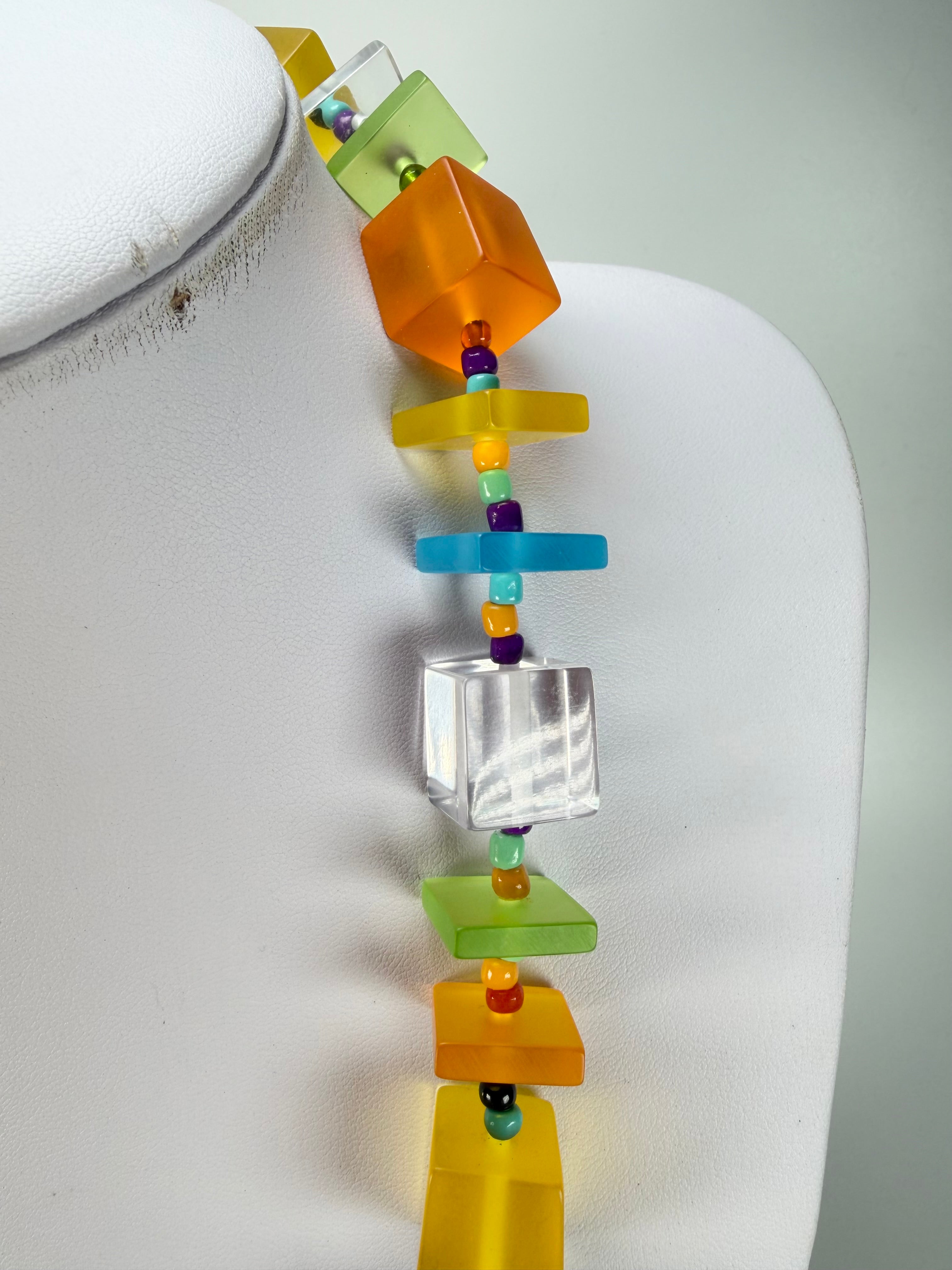 Jackie Brazil "Rome" Transparent Summer Frost Cubes & Squares Mix Colours 75cm Resin Necklace ( N0030 )