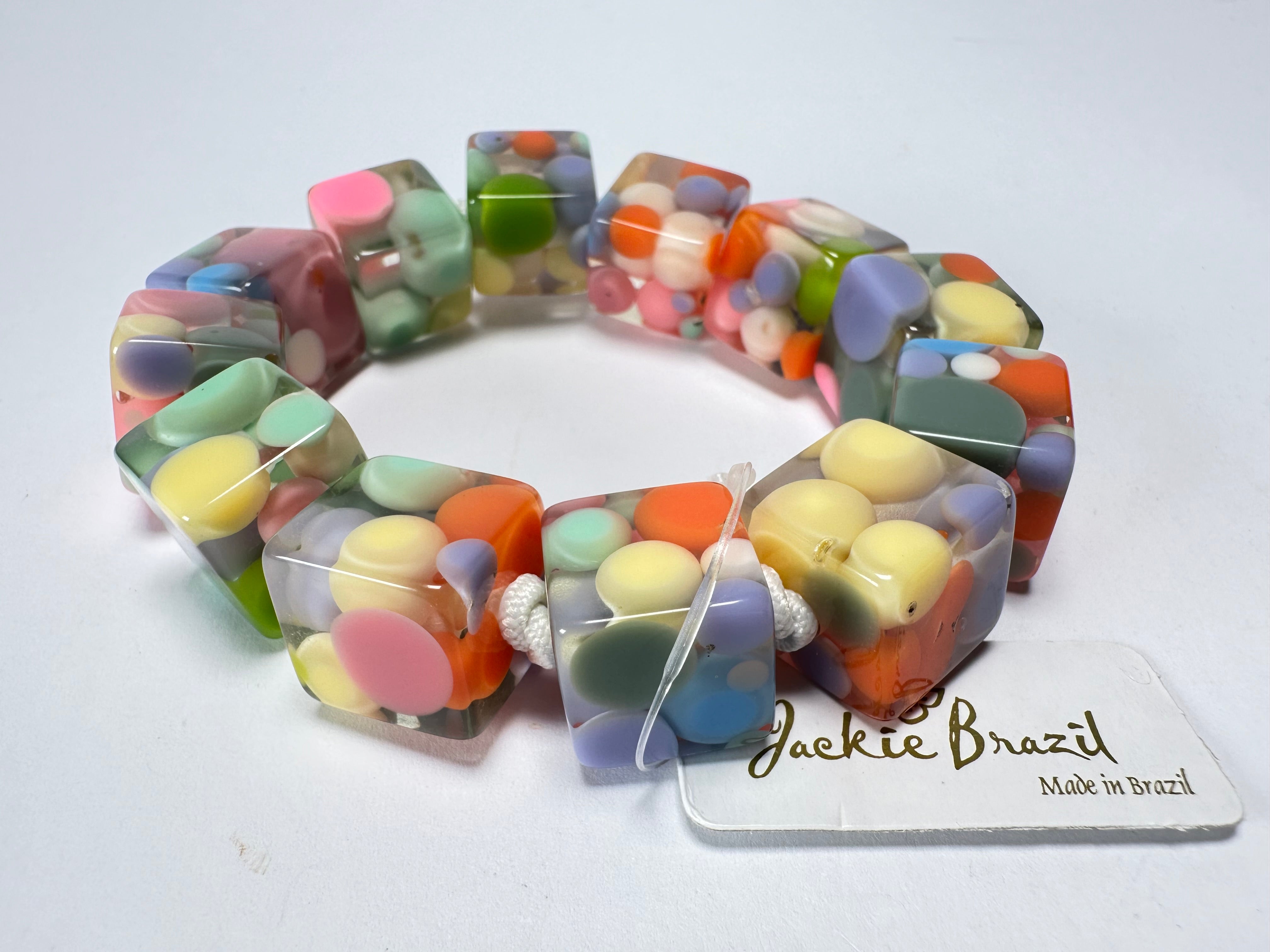 Jackie Brazil "Spots" Spotted Cubes On Elastic Resin Bracelet ( B1284 )