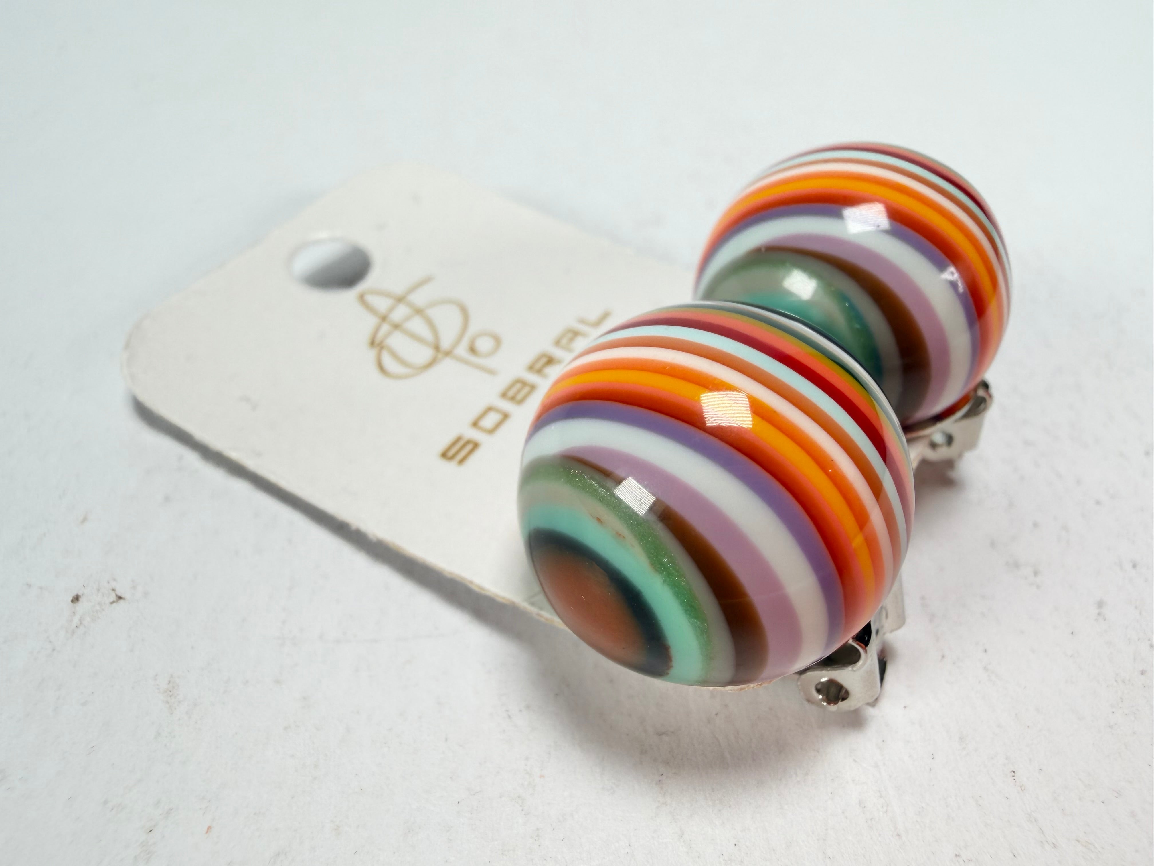 Jackie Brazil "Liquorice Stripes" Round Balls Clip On Resin Earrings ( E1337 )