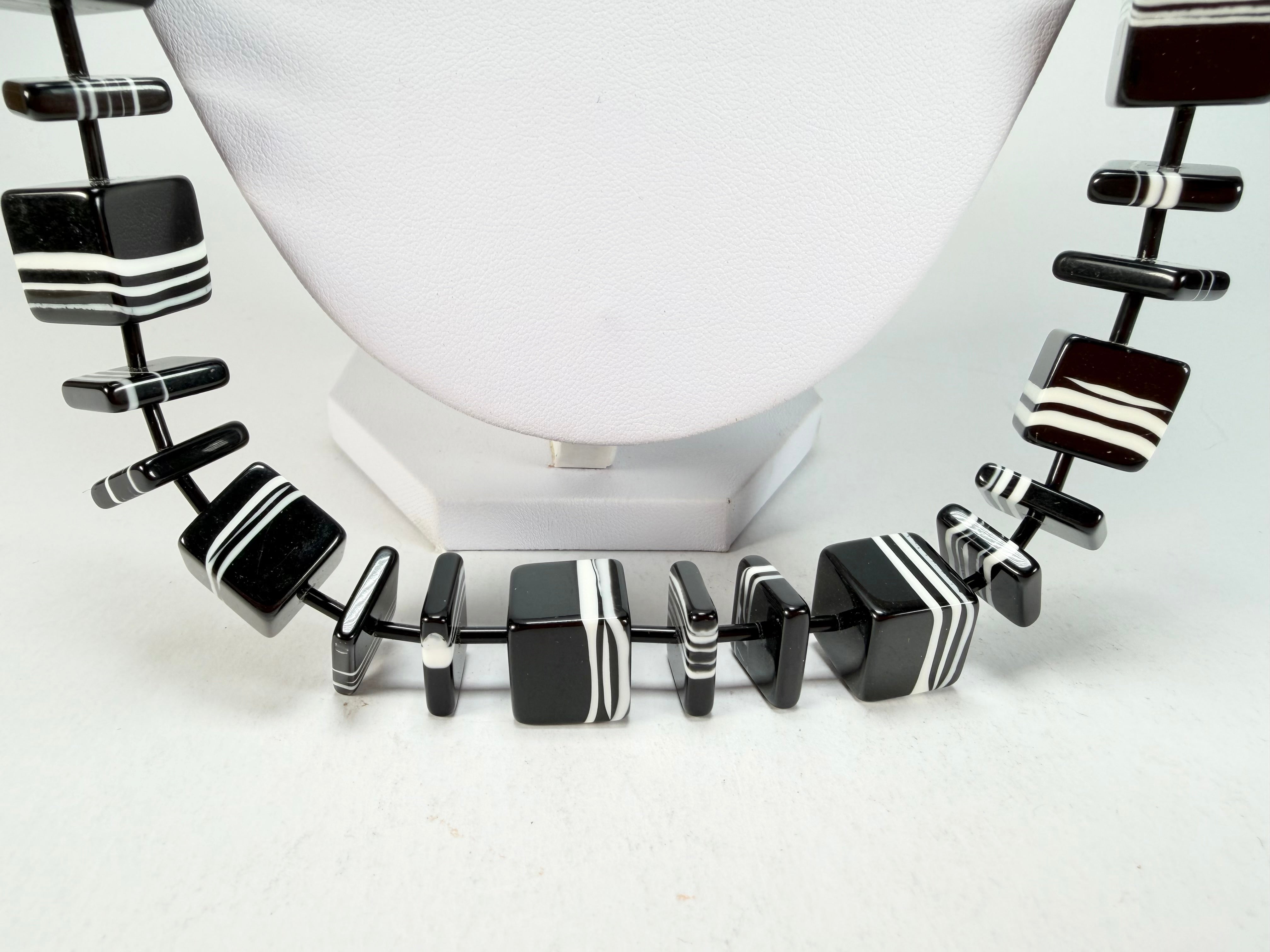 Jackie Brazil "Bar Code" Black & White Liquorice Squares 110cm Resin Necklace ( N2200 )