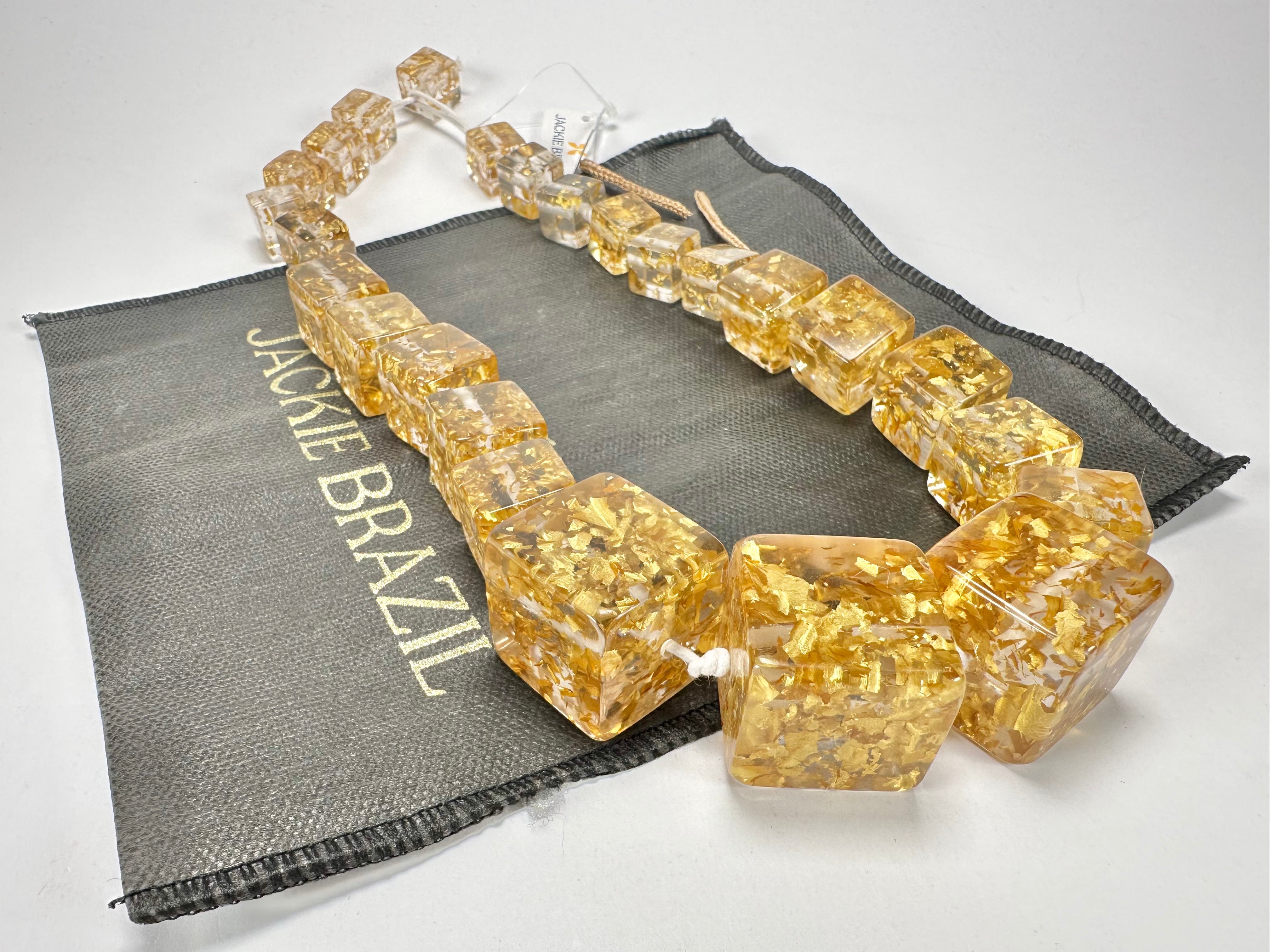 Jackie Brazil "Gold Flakes" Mix Size Liquorice Cubes Resin Necklace ( N3343 )