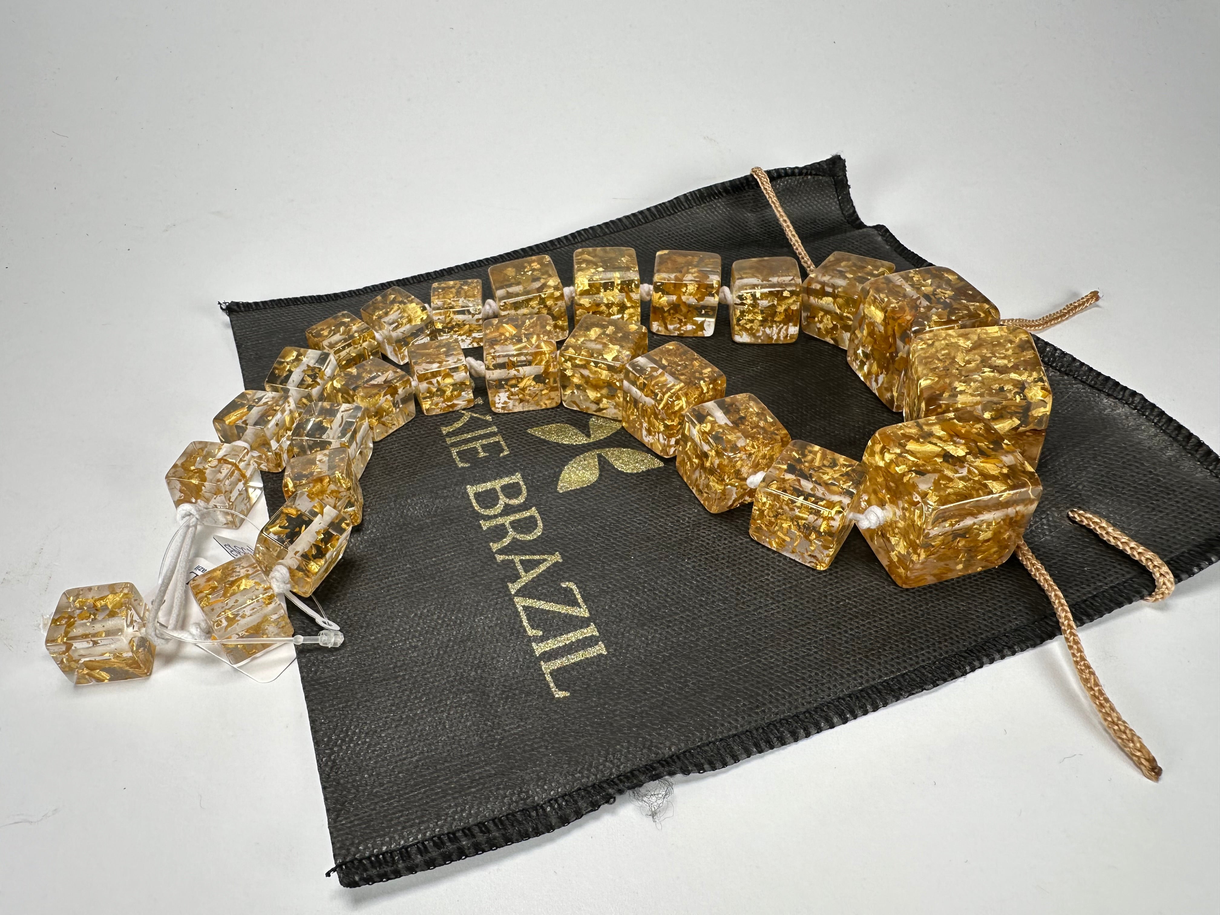 Jackie Brazil "Gold Flakes" Mix Size Liquorice Cubes Resin Necklace ( N3343 )