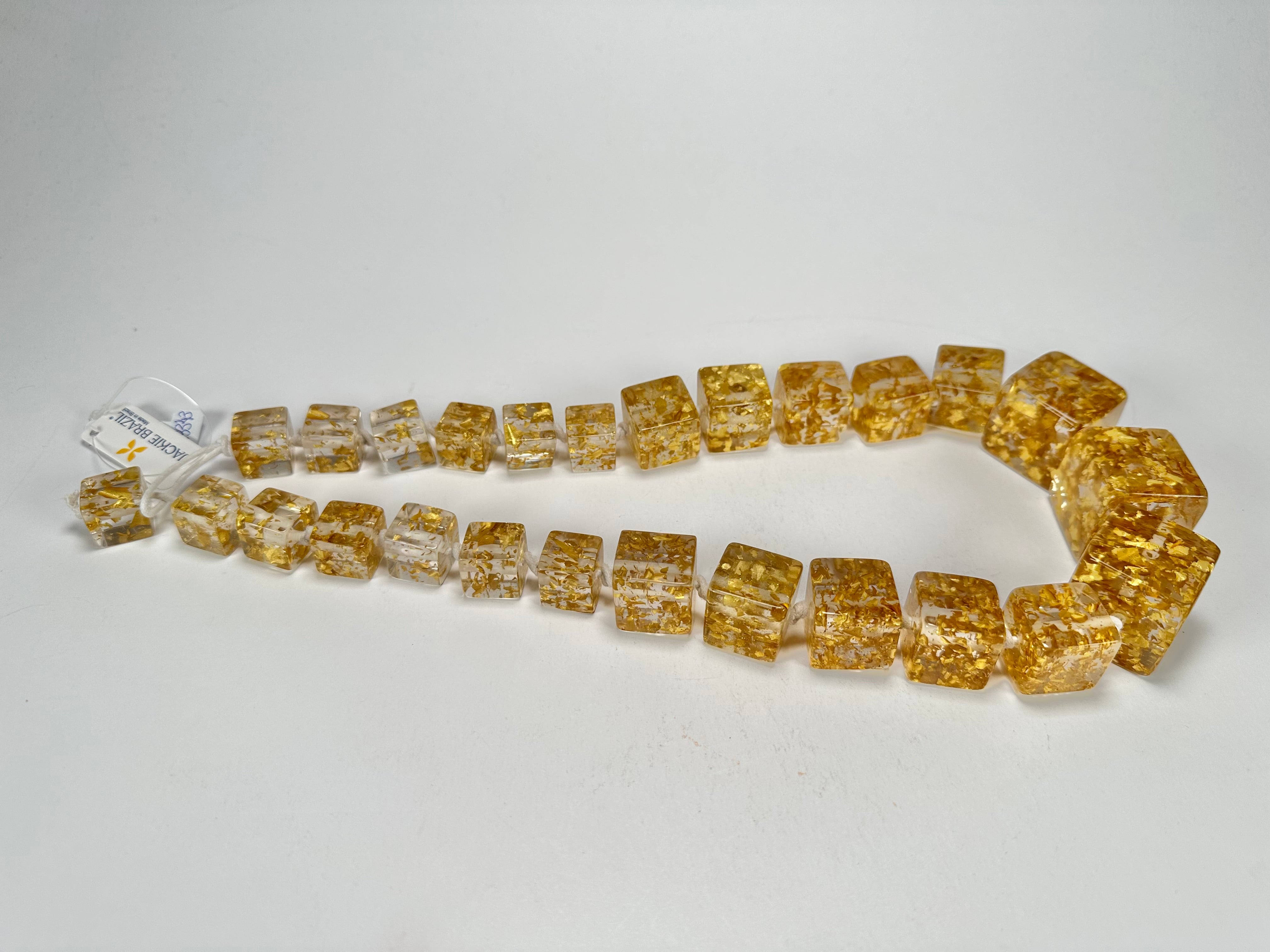 Jackie Brazil "Gold Flakes" Mix Size Liquorice Cubes Resin Necklace ( N3343 )