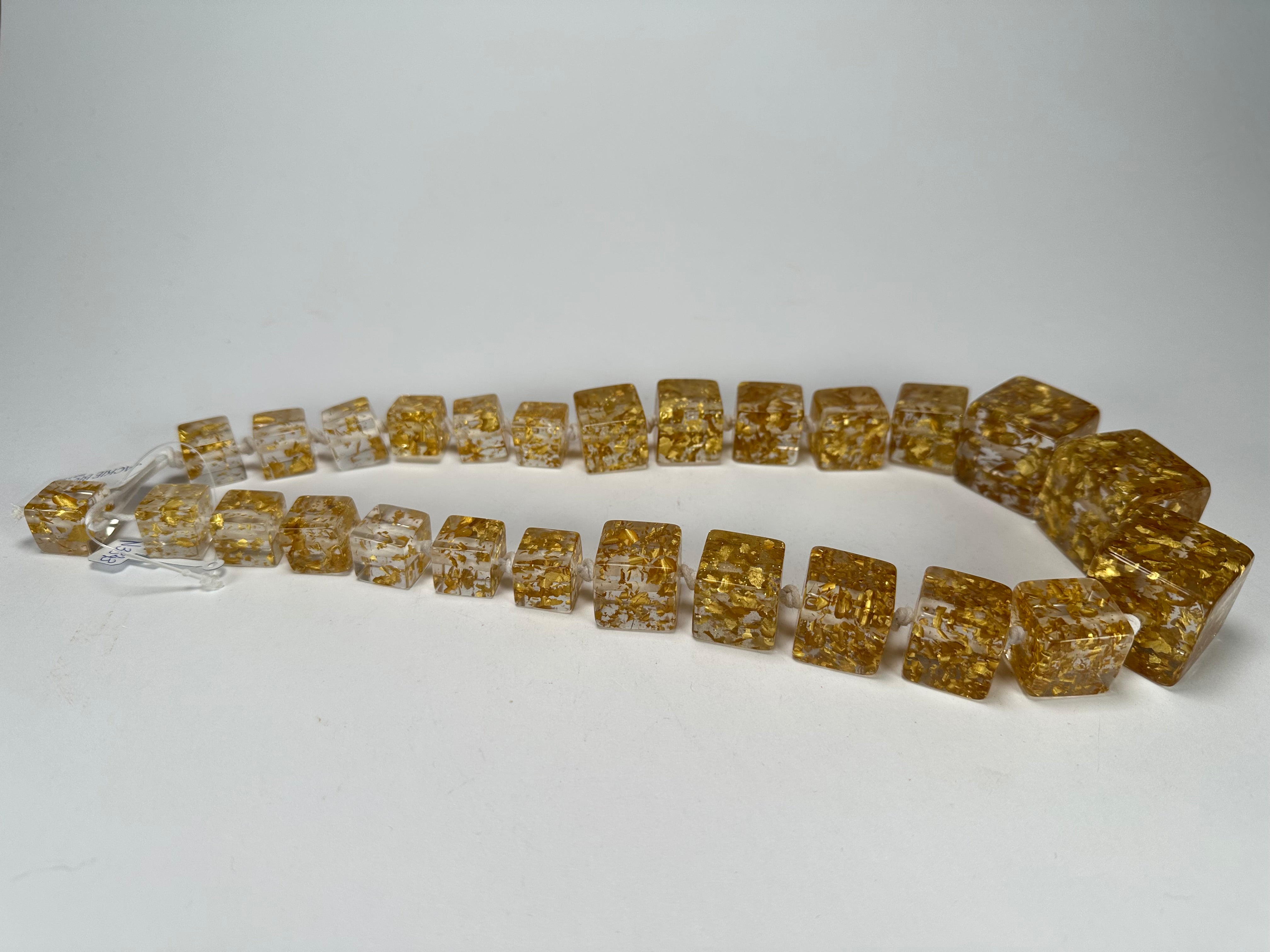 Jackie Brazil "Gold Flakes" Mix Size Liquorice Cubes Resin Necklace ( N3343 )