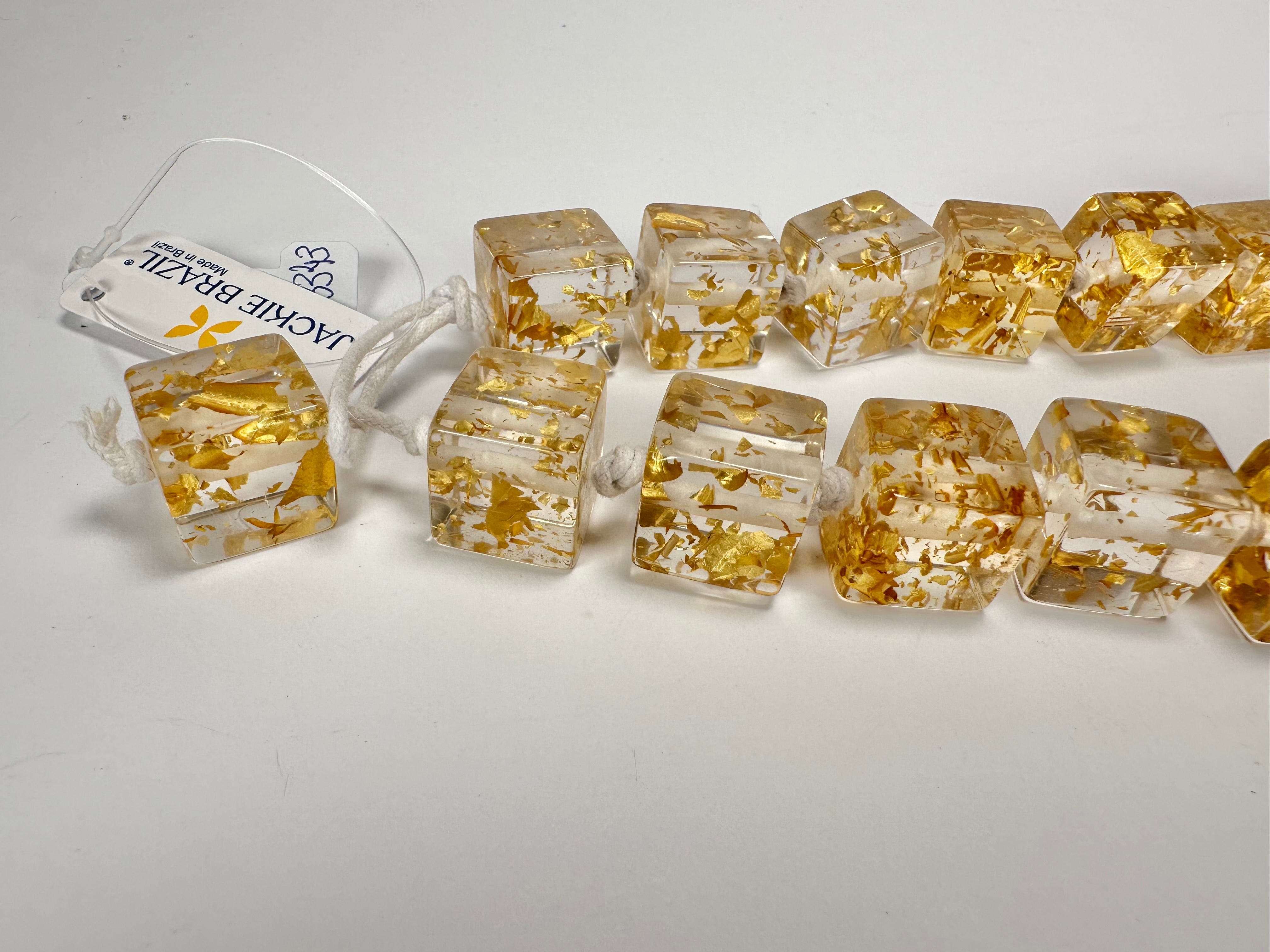 Jackie Brazil "Gold Flakes" Mix Size Liquorice Cubes Resin Necklace ( N3343 )