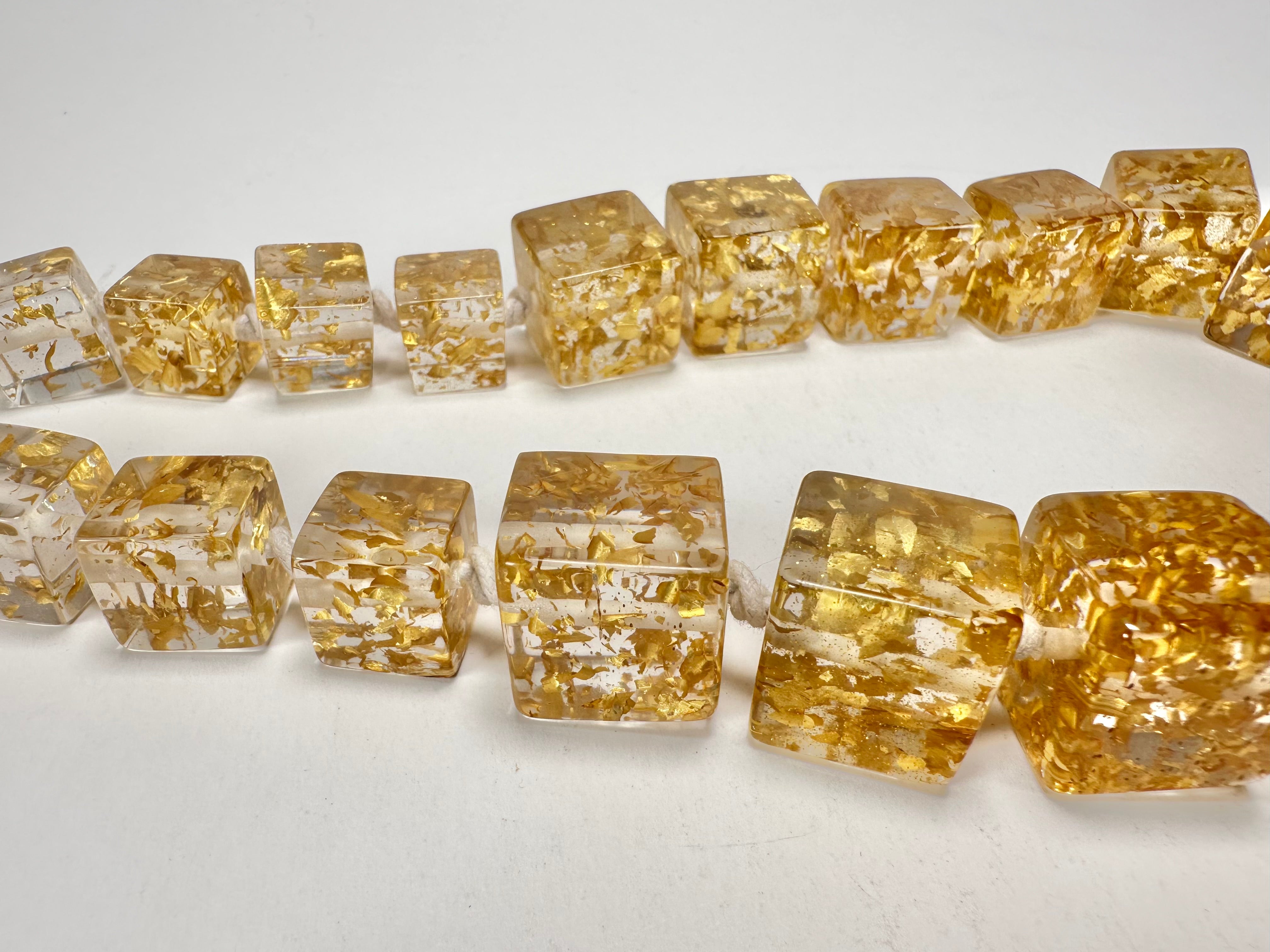 Jackie Brazil "Gold Flakes" Mix Size Liquorice Cubes Resin Necklace ( N3343 )