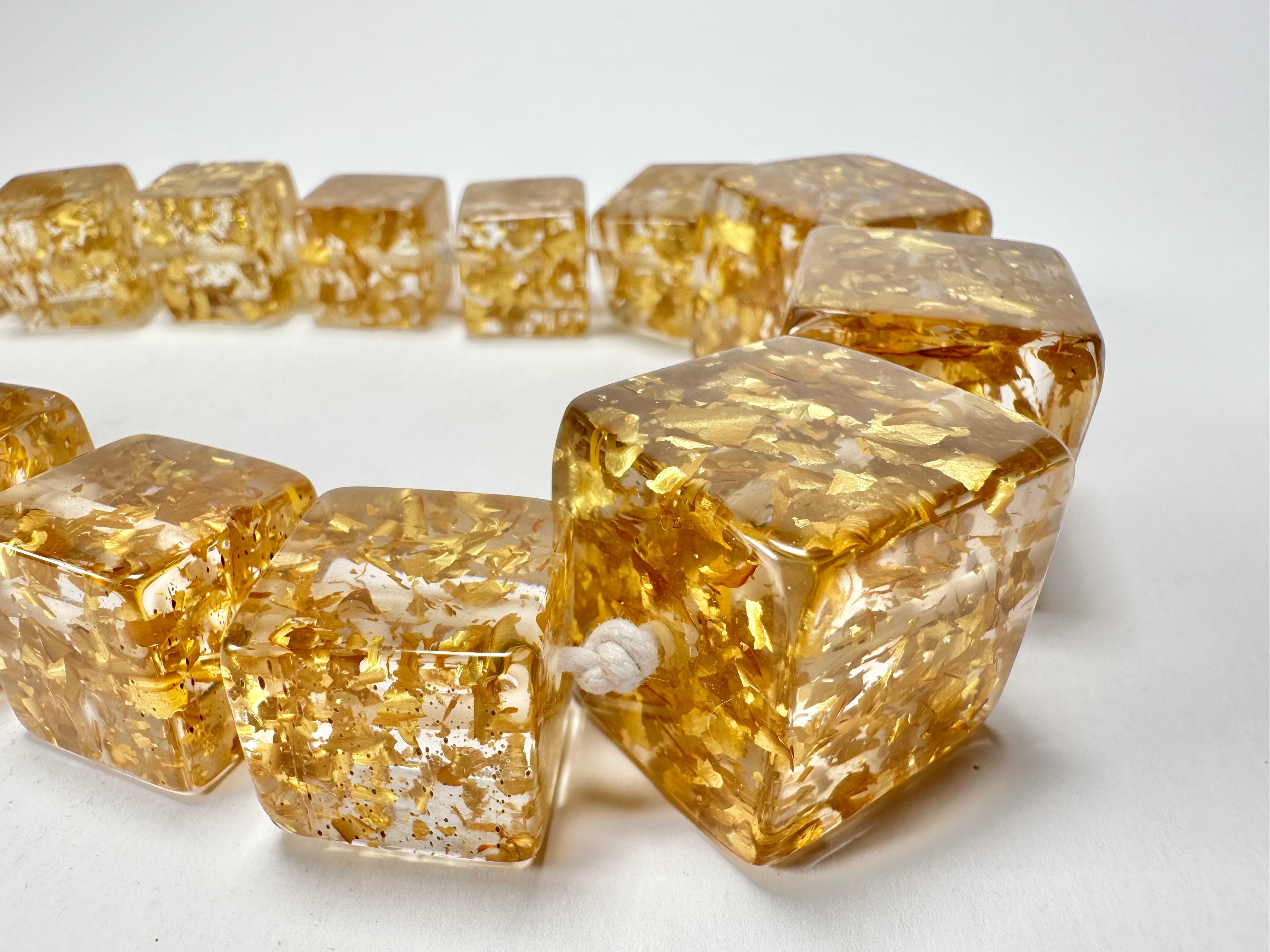 Jackie Brazil "Gold Flakes" Mix Size Liquorice Cubes Resin Necklace ( N3343 )