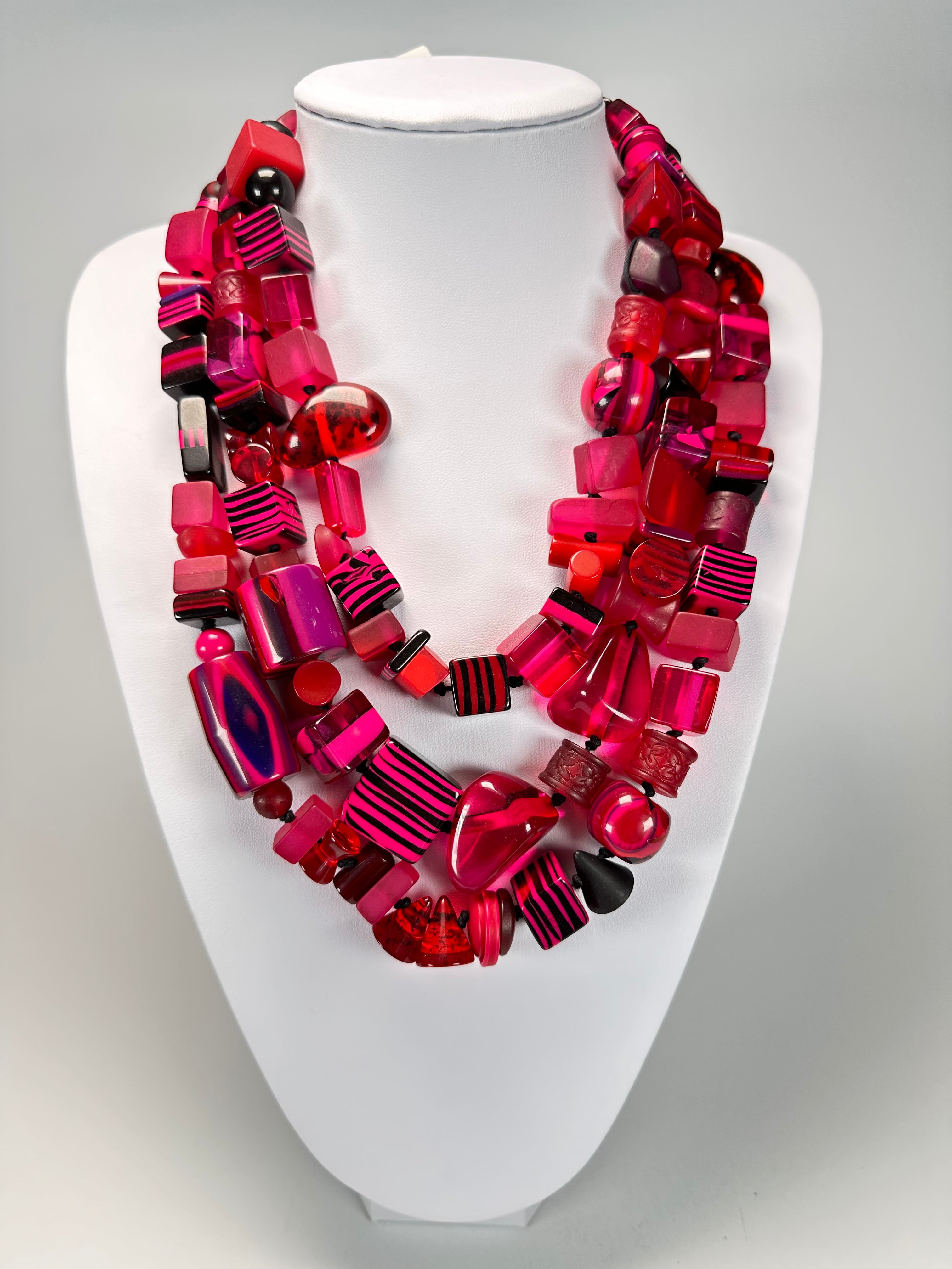 Jackie Brazil "Indiana" 3 Strand Multi-Bead Dark Pink Resin Necklace ( N0043 )