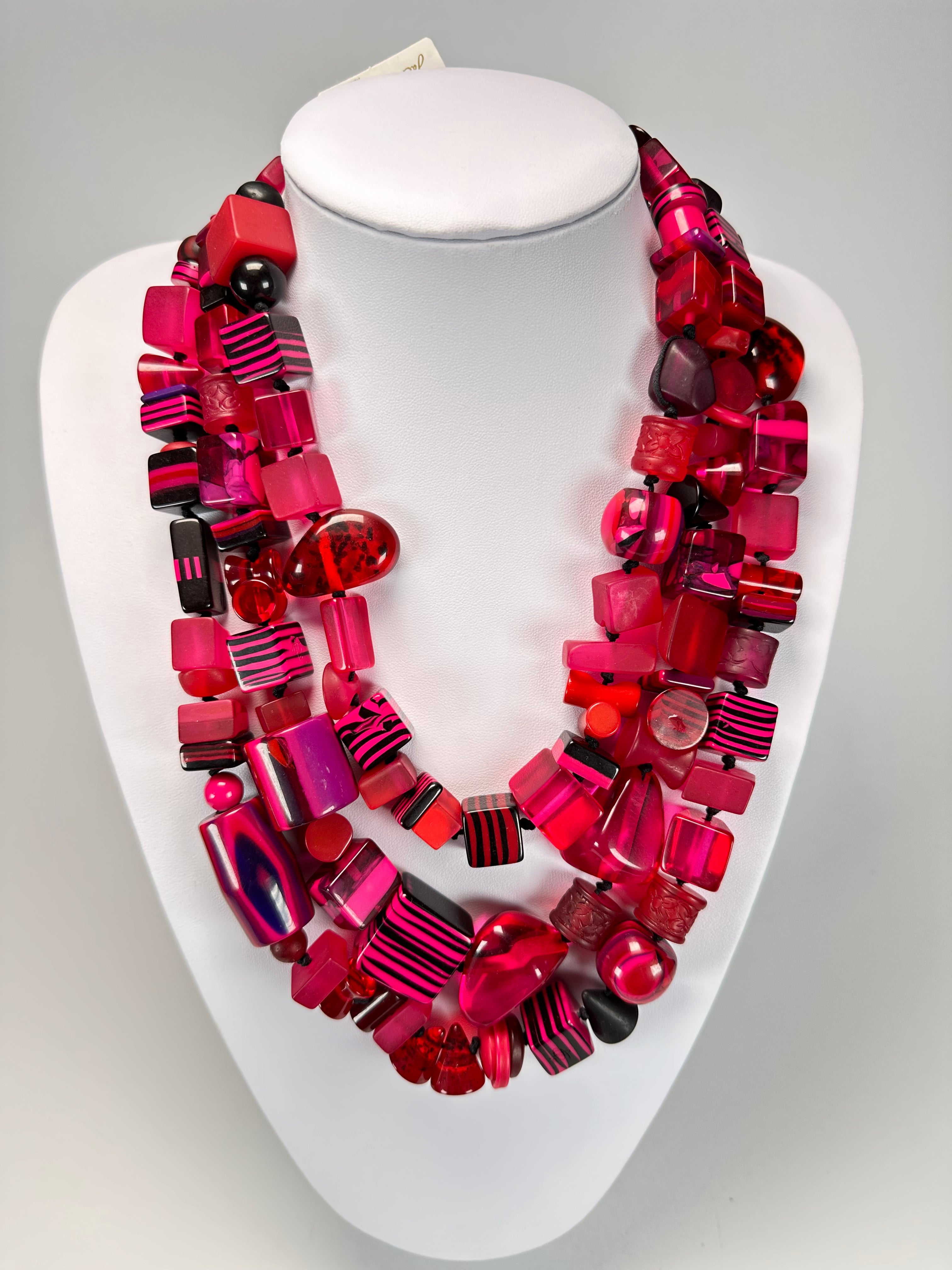 Jackie Brazil "Indiana" 3 Strand Multi-Bead Dark Pink Resin Necklace ( N0043 )