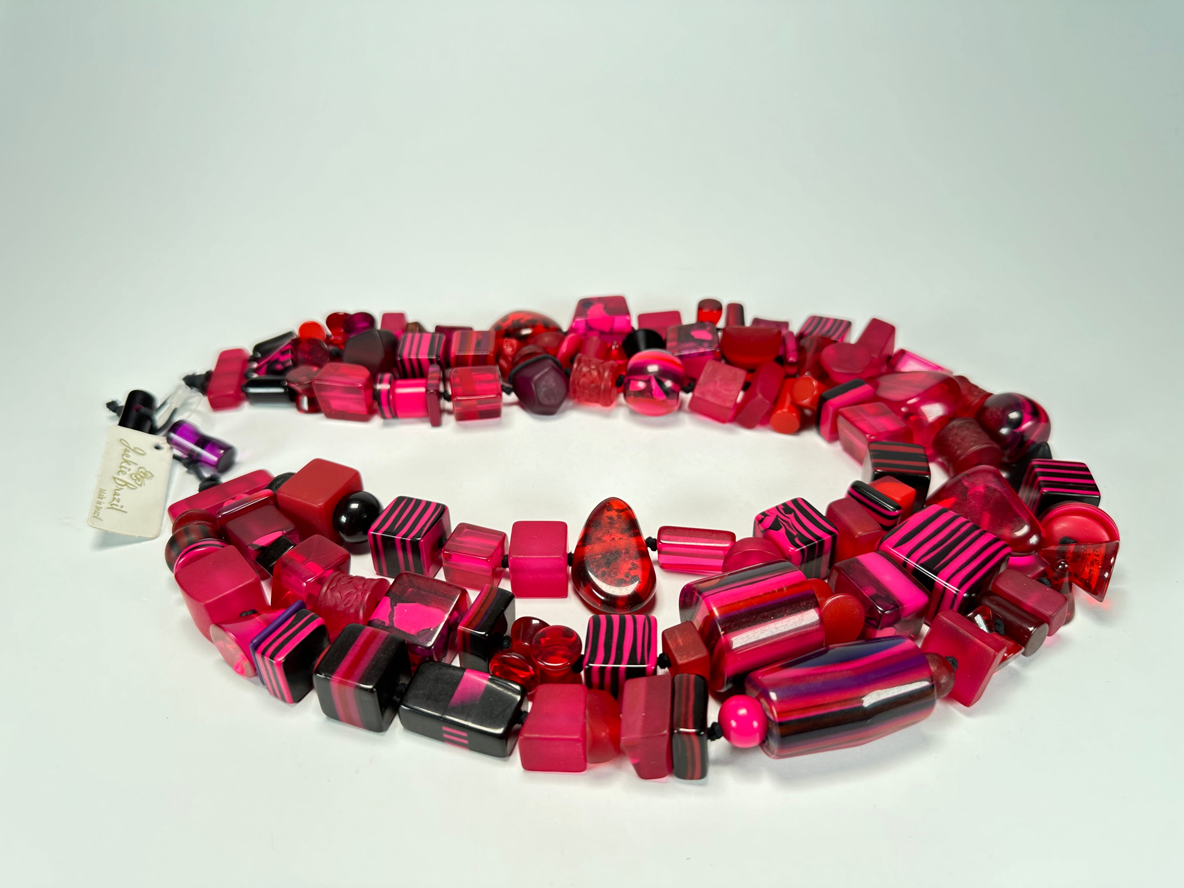 Jackie Brazil "Indiana" 3 Strand Multi-Bead Dark Pink Resin Necklace ( N0043 )