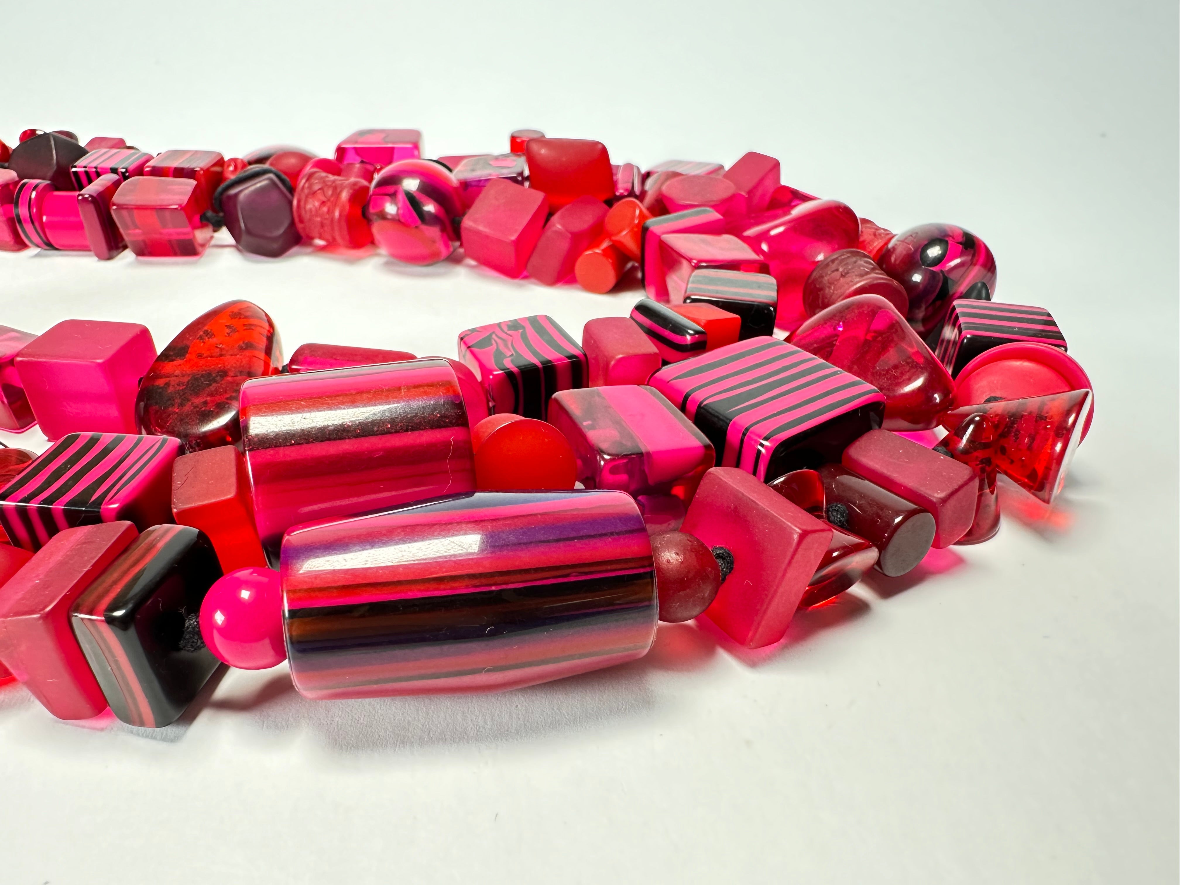 Jackie Brazil "Indiana" 3 Strand Multi-Bead Dark Pink Resin Necklace ( N0043 )