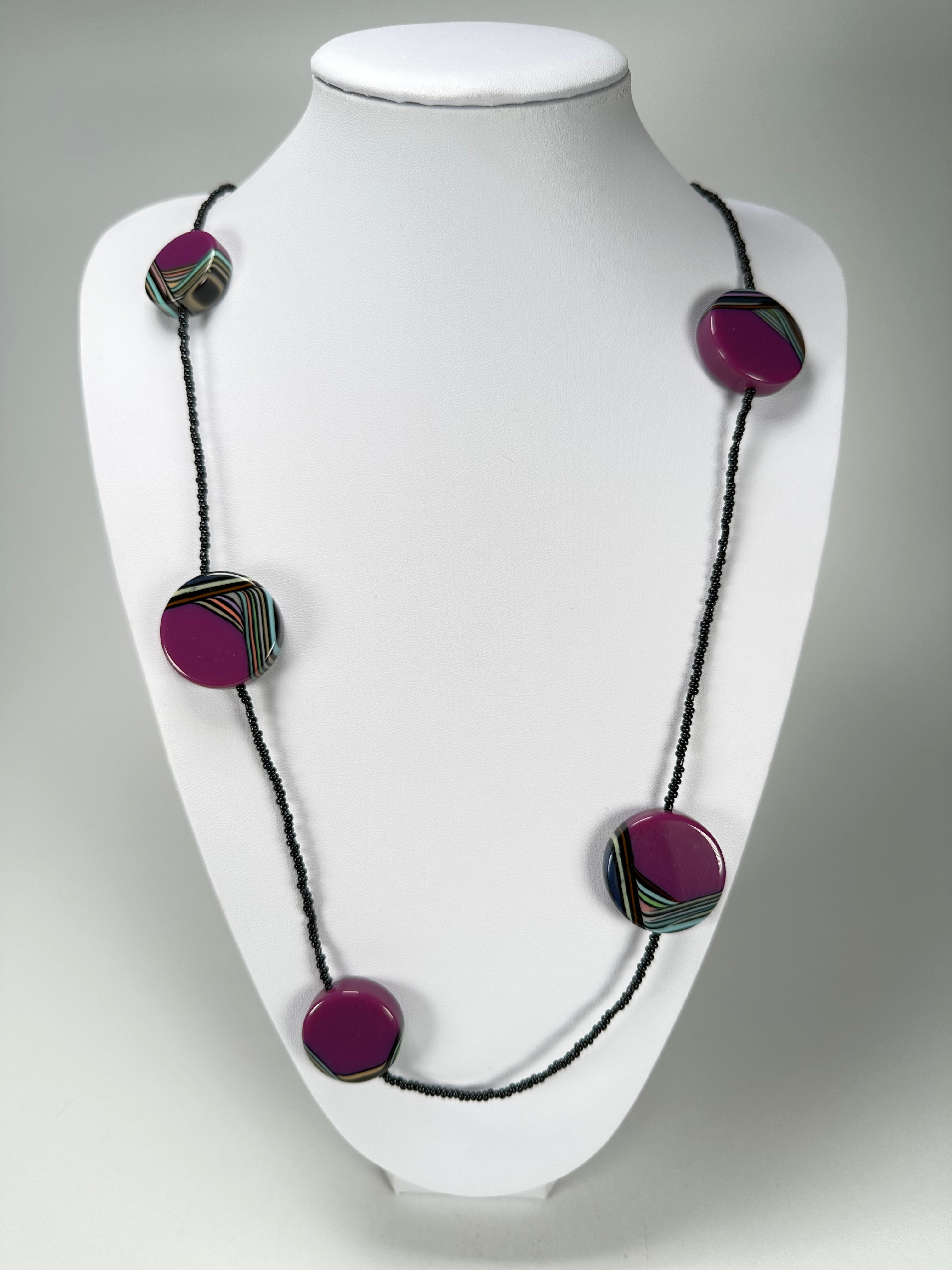 Jackie Brazil "Aida" Purple Swirls Discs With Beads Long Resin Necklace ( N3150 )