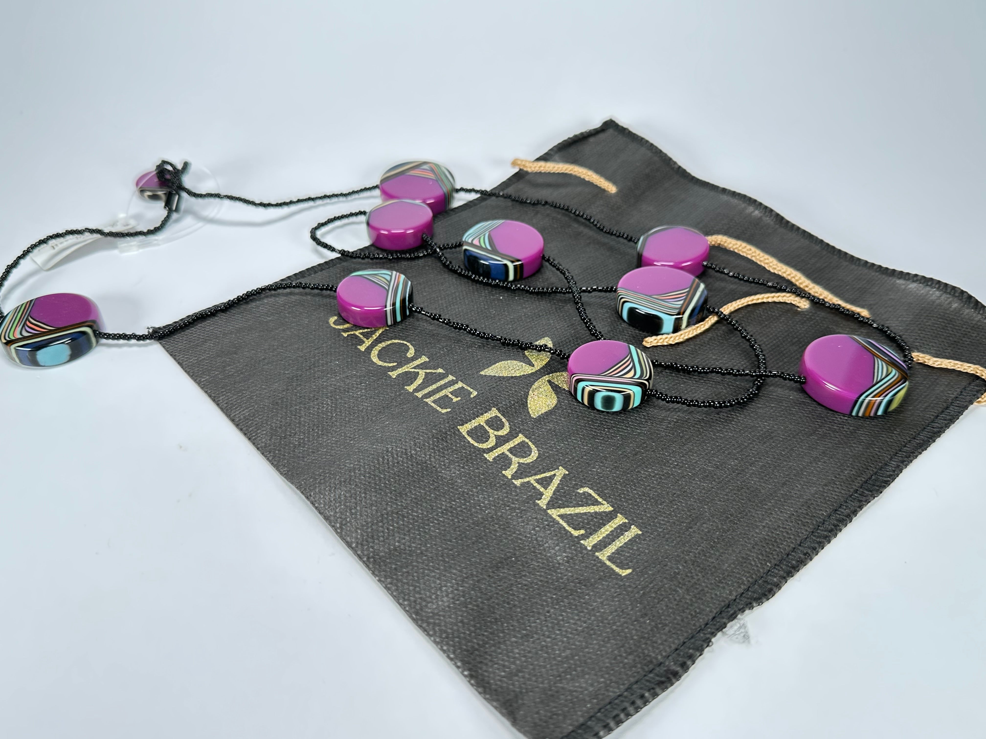 Jackie Brazil "Aida" Purple Swirls Discs With Beads Long Resin Necklace ( N3150 )