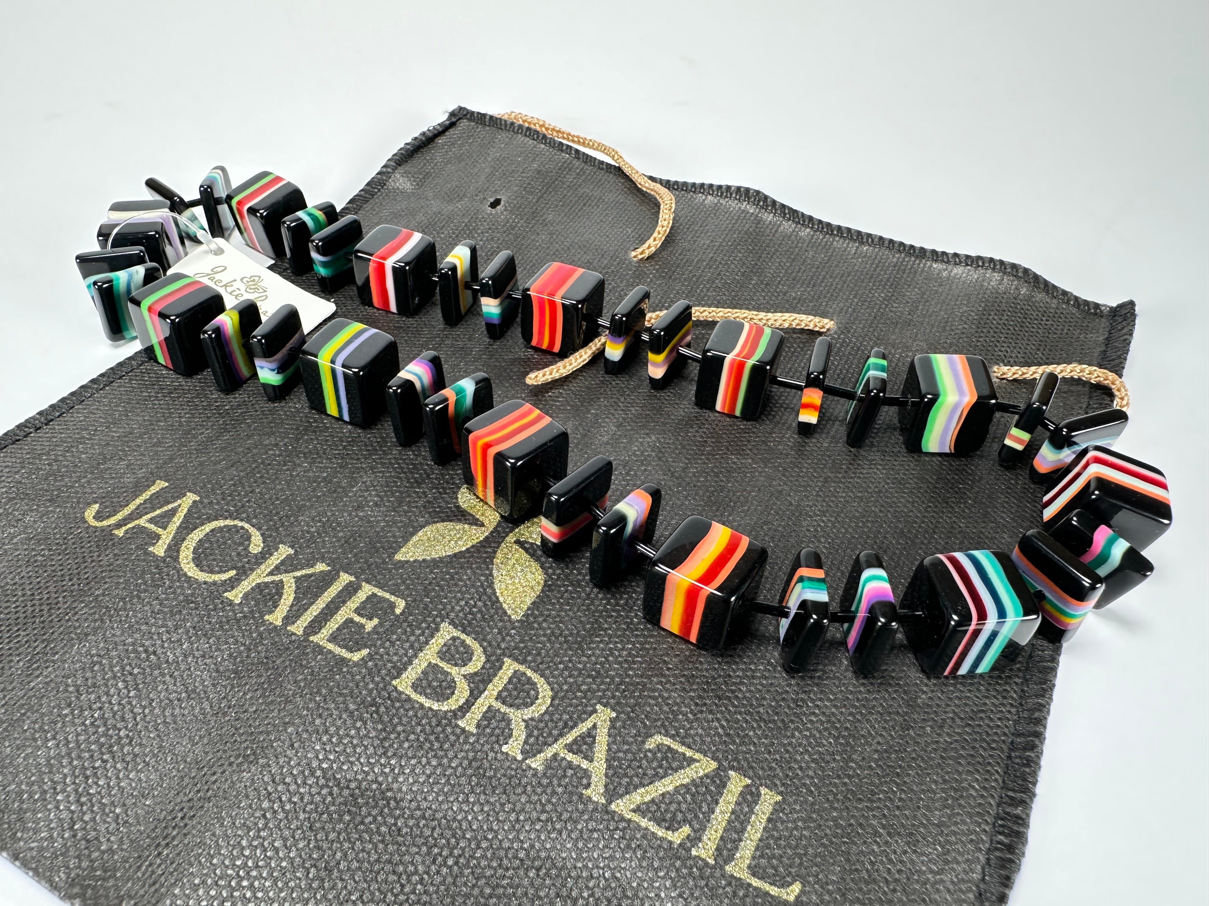 Jackie Brazil "Bar Code" Mix Black & Liquorice Squares Short Resin Necklace ( N2202 )