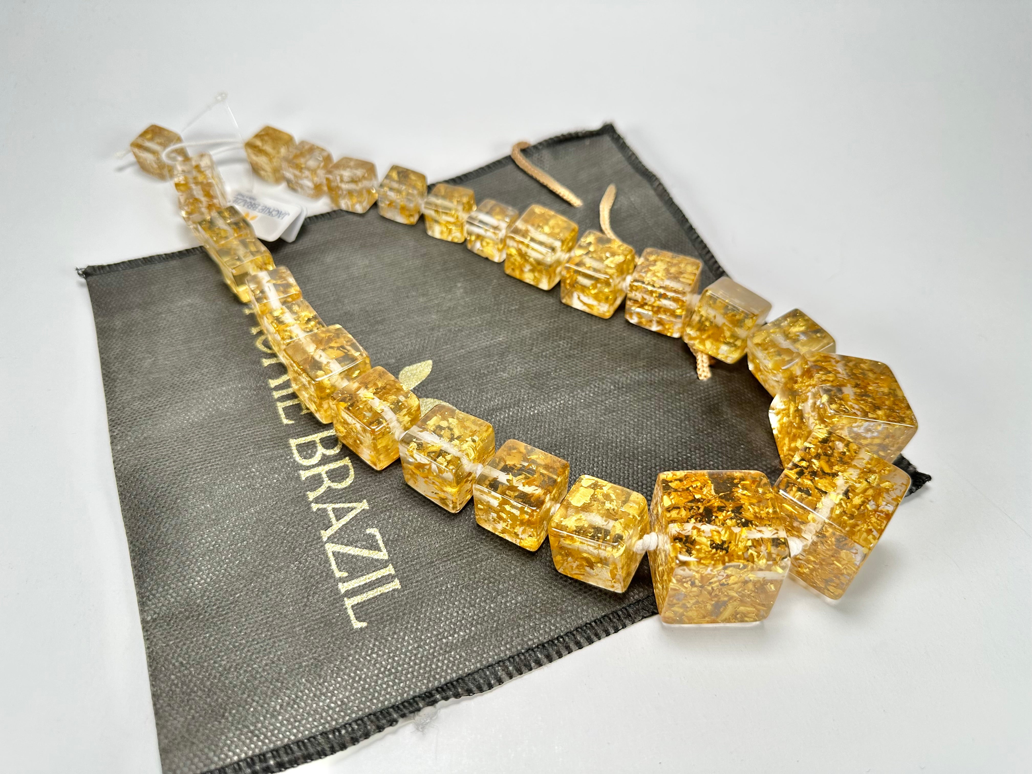 Jackie Brazil "Gold Flakes" Mix Size Liquorice Cubes Resin Necklace ( N3343 )